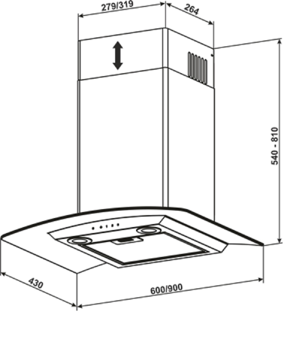 Ein Diagramm einer Dunstabzugshaube mit Abmessungen. Es ist weiß und hat ein Licht und eine Entlüftung oben.