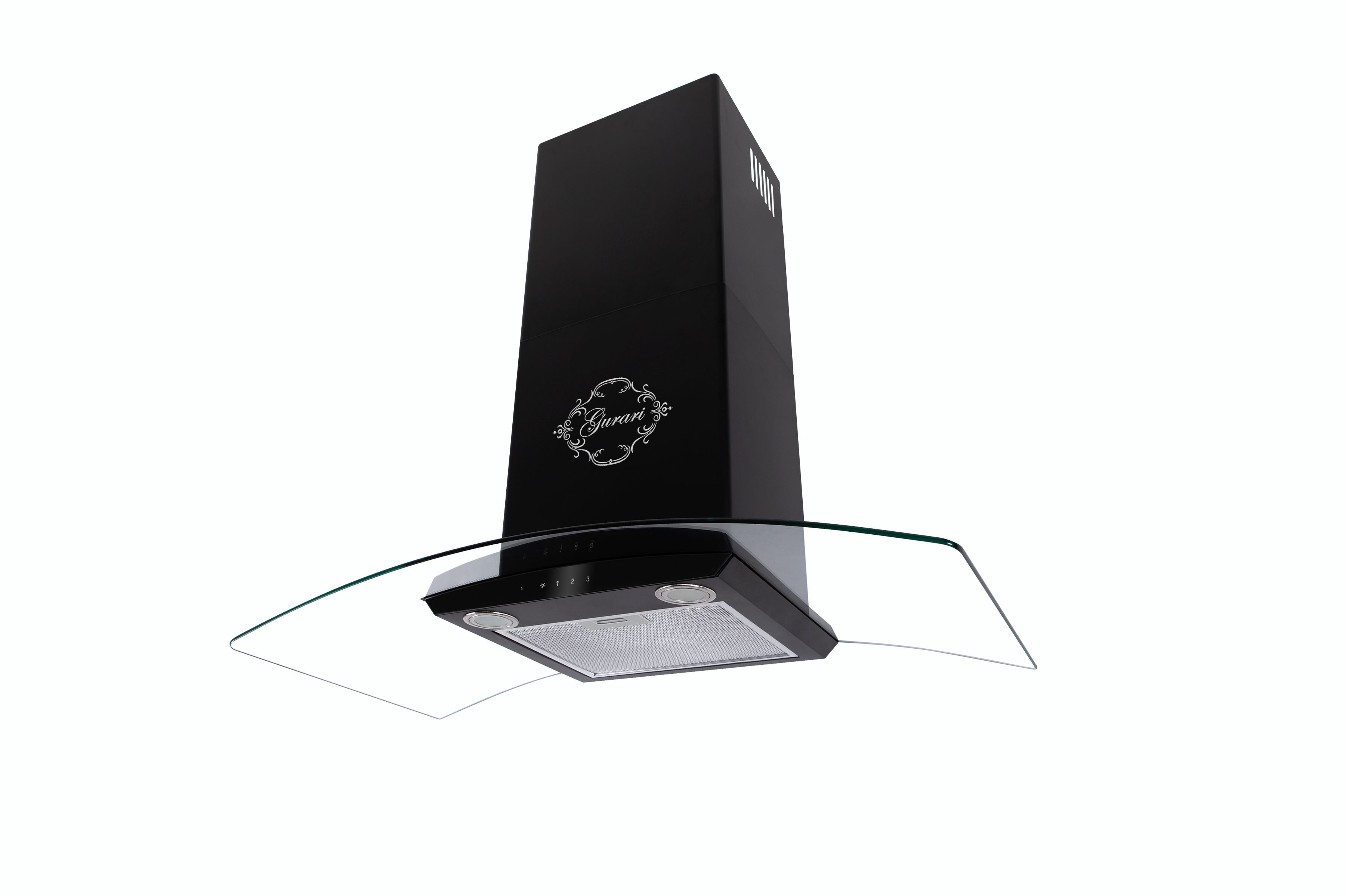 Schwarze Dunstabzugshaube mit Glasplatte, auf weißem Hintergrund.