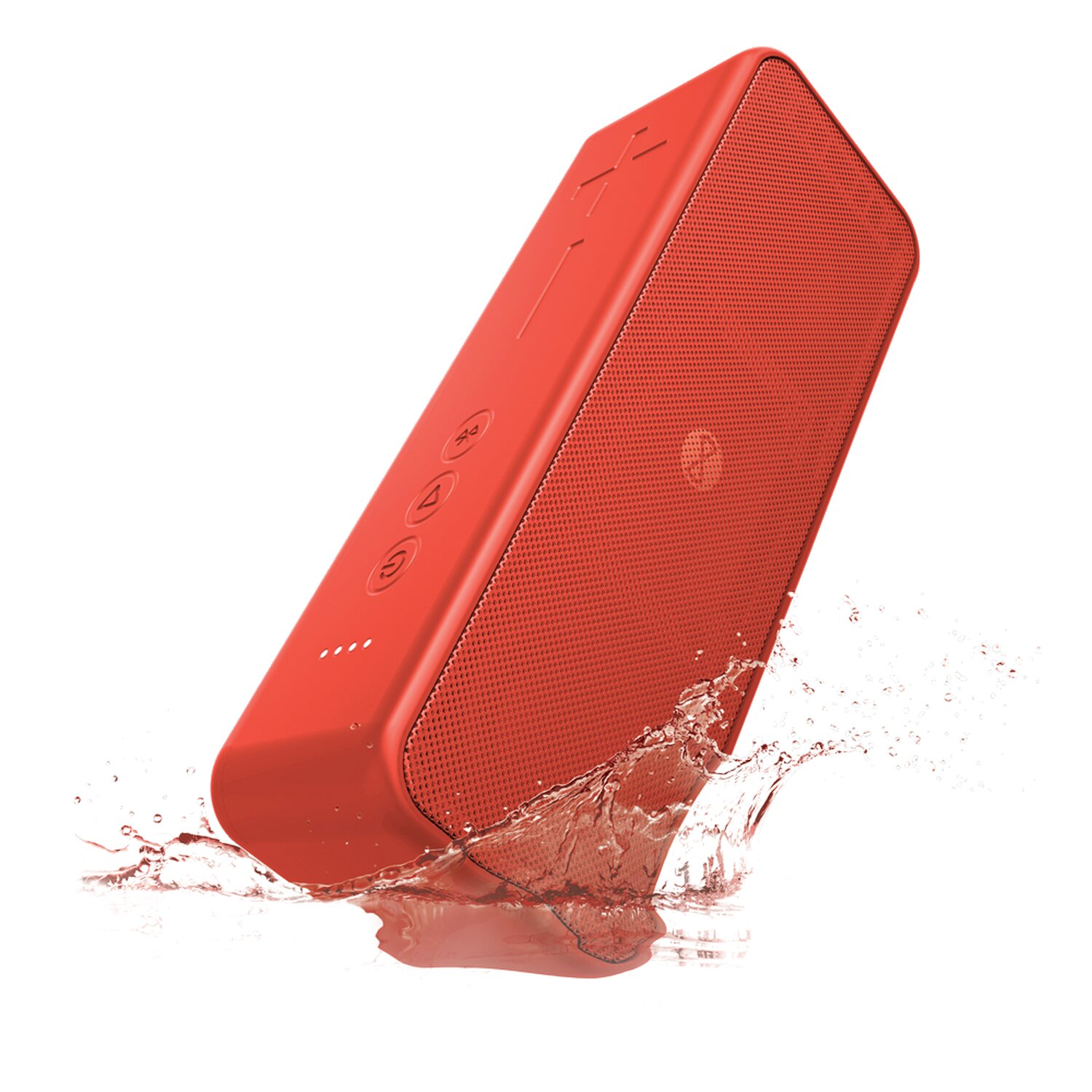 Roter Lautsprecher mit Wasserspritzern. Der Lautsprecher hat Knöpfe und eine Gitterfront.