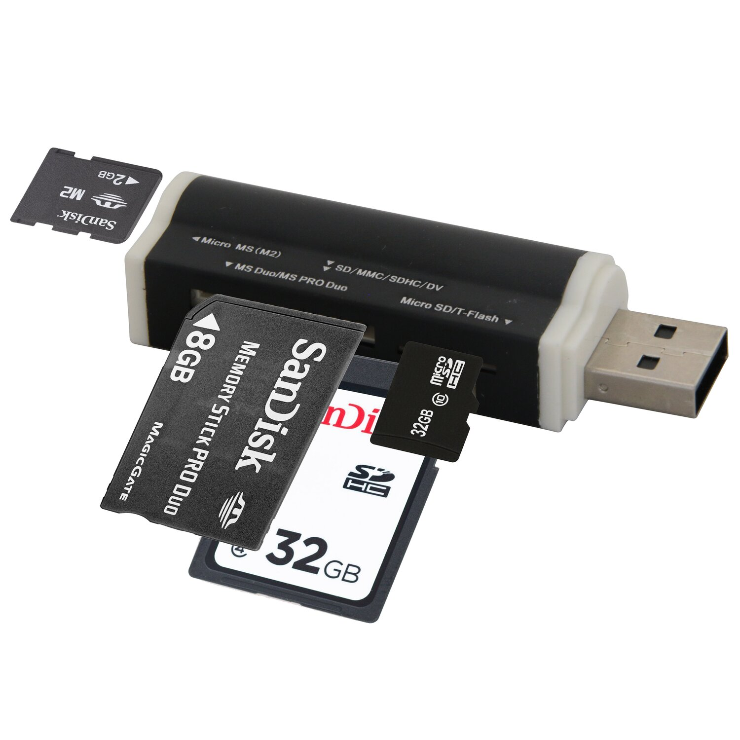 USB-Kartenleser mit verschiedenen Speicherkarten auf weißem Hintergrund.
