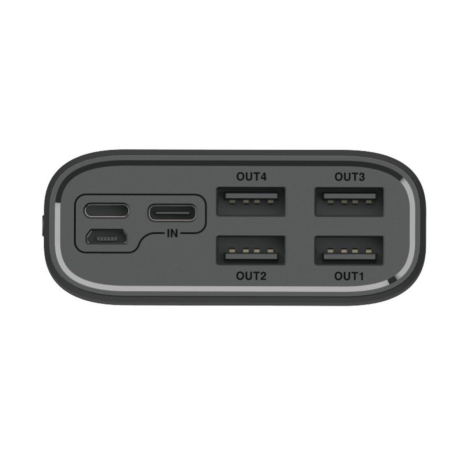 Schwarze Powerbank mit vier Ausgangsanschlüssen und einem Eingangsanschluss.