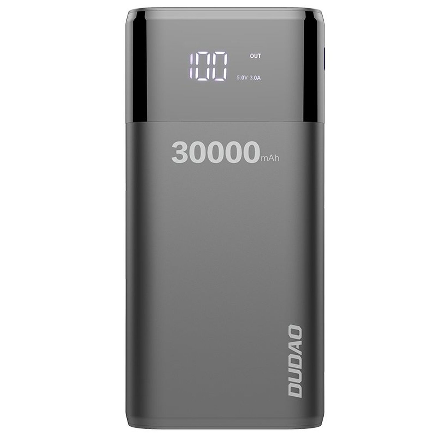 Eine graue Powerbank mit einer Digitalanzeige, die 100 anzeigt.