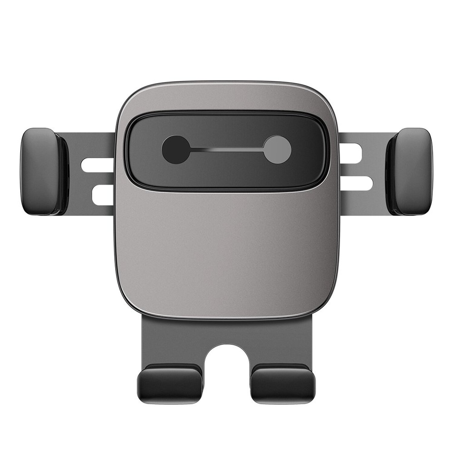 Szary uchwyt na telefon z motywem robota. Białe tło.