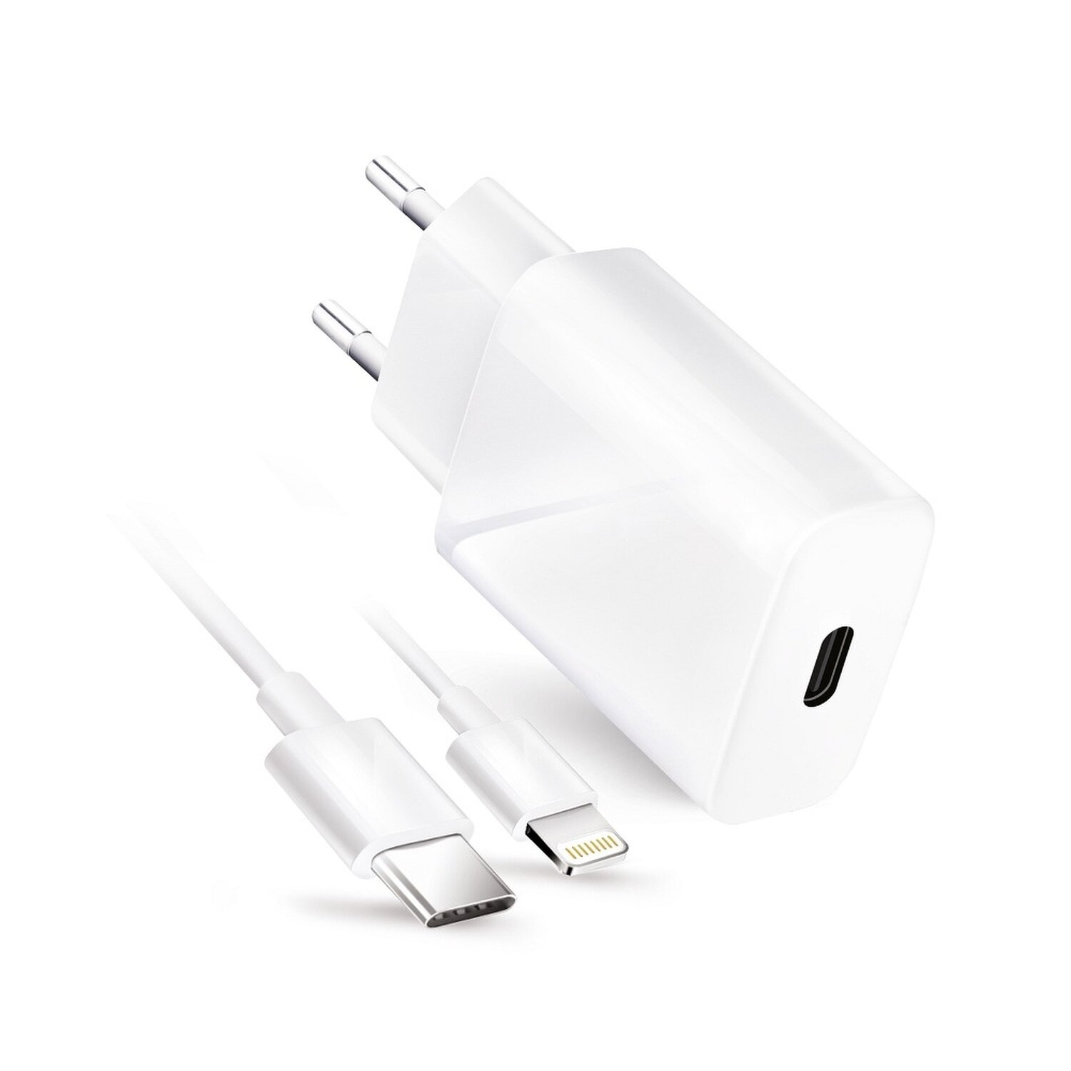 Weißes Ladegerät mit zwei Kabeln, einmal USB-C und einmal Lightning. Es befindet sich auf weißem Hintergrund.