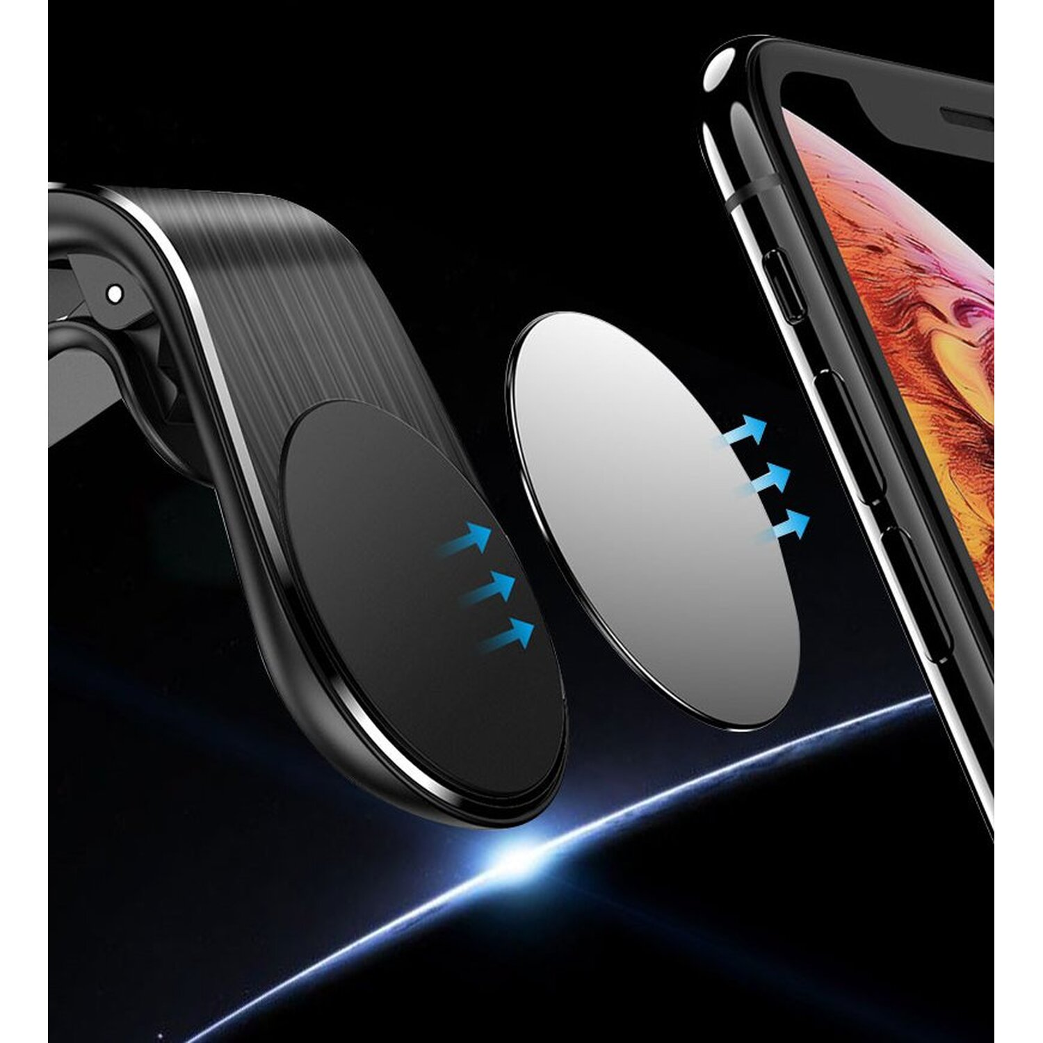 Schwarze Telefonhalterung und Telefon. Pfeile zeigen die Magnetkraft an.