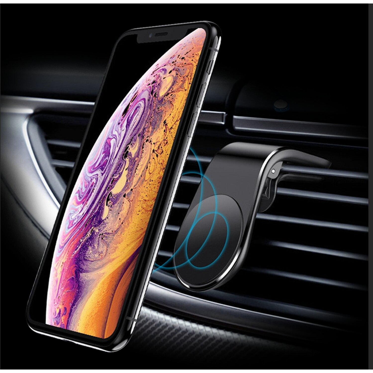 Ein schwarzes Telefon, das an einer magnetischen Lüftungshalterung befestigt ist und einen abstrakten Hintergrund zeigt.