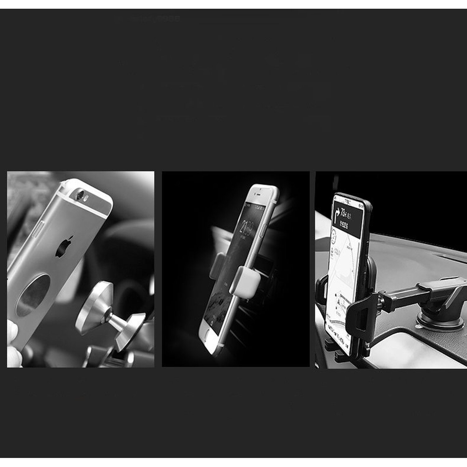 Drei Telefonhalterungen für Autos, die jeweils ein Telefon halten. Verschiedene Designs werden gezeigt.