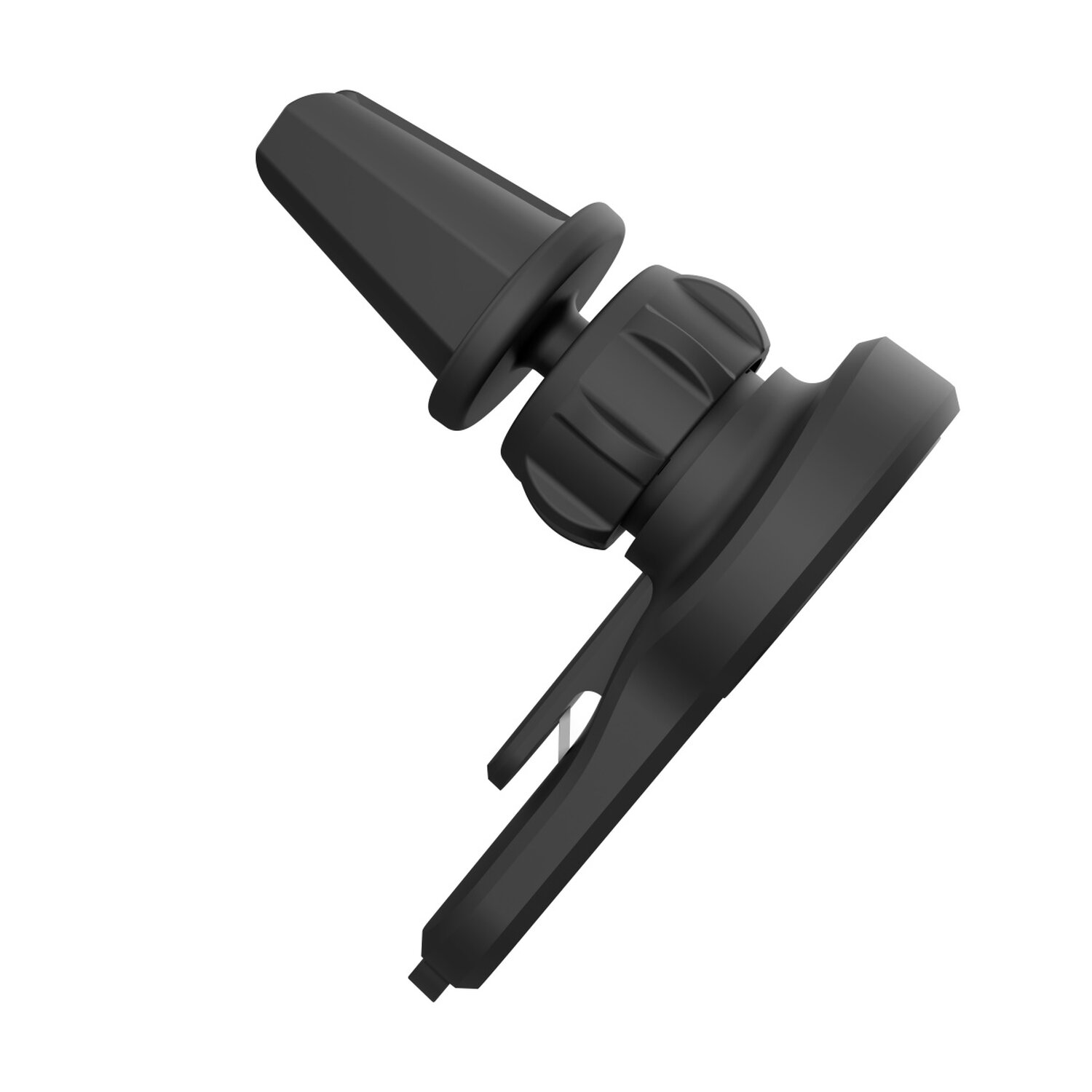 Schwarzer Handyhalter für die Lüftungsschlitze, schräge Ansicht, weißer Hintergrund.