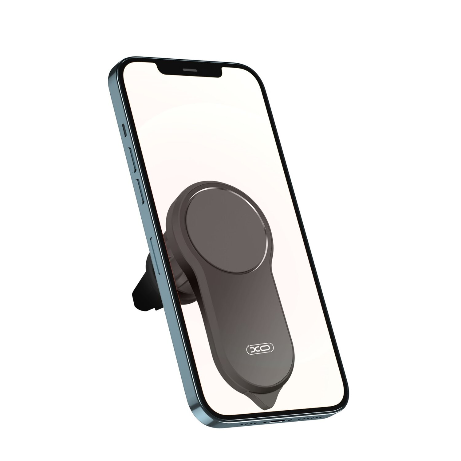 Telefon an einer magnetischen Telefonhalterung befestigt. Halterung ist schwarz, Telefon ist blau.