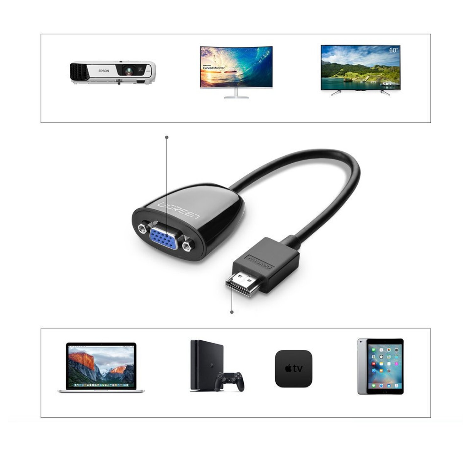 Czarny kabel adaptera ze złączami VGA i HDMI, z innymi urządzeniami elektronicznymi po bokach.