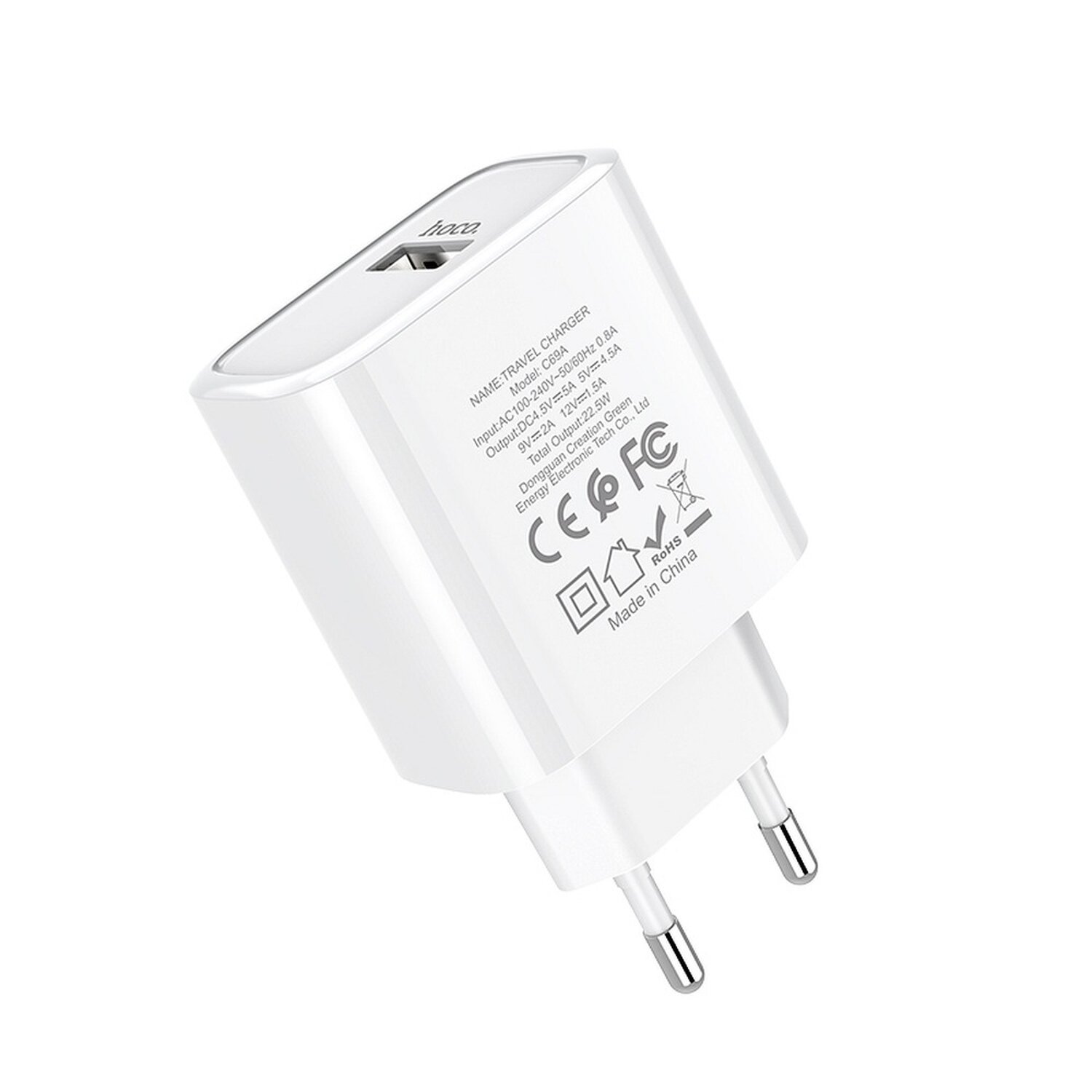 Weißes USB-Reiseladegerät. Zeigt ein weißes Ladegerät mit zwei Stiften. Hat Branding und Spezifikationen aufgedruckt.