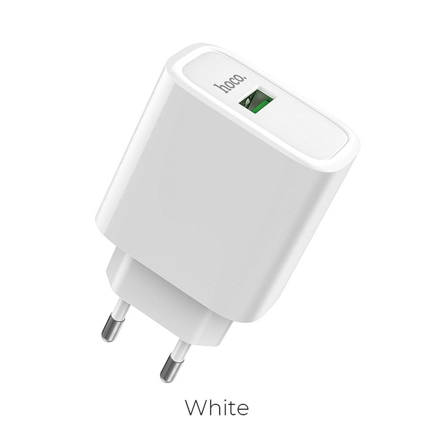 Ein weißes Ladegerät mit USB-Anschluss und dem Logo 'hoco.'.