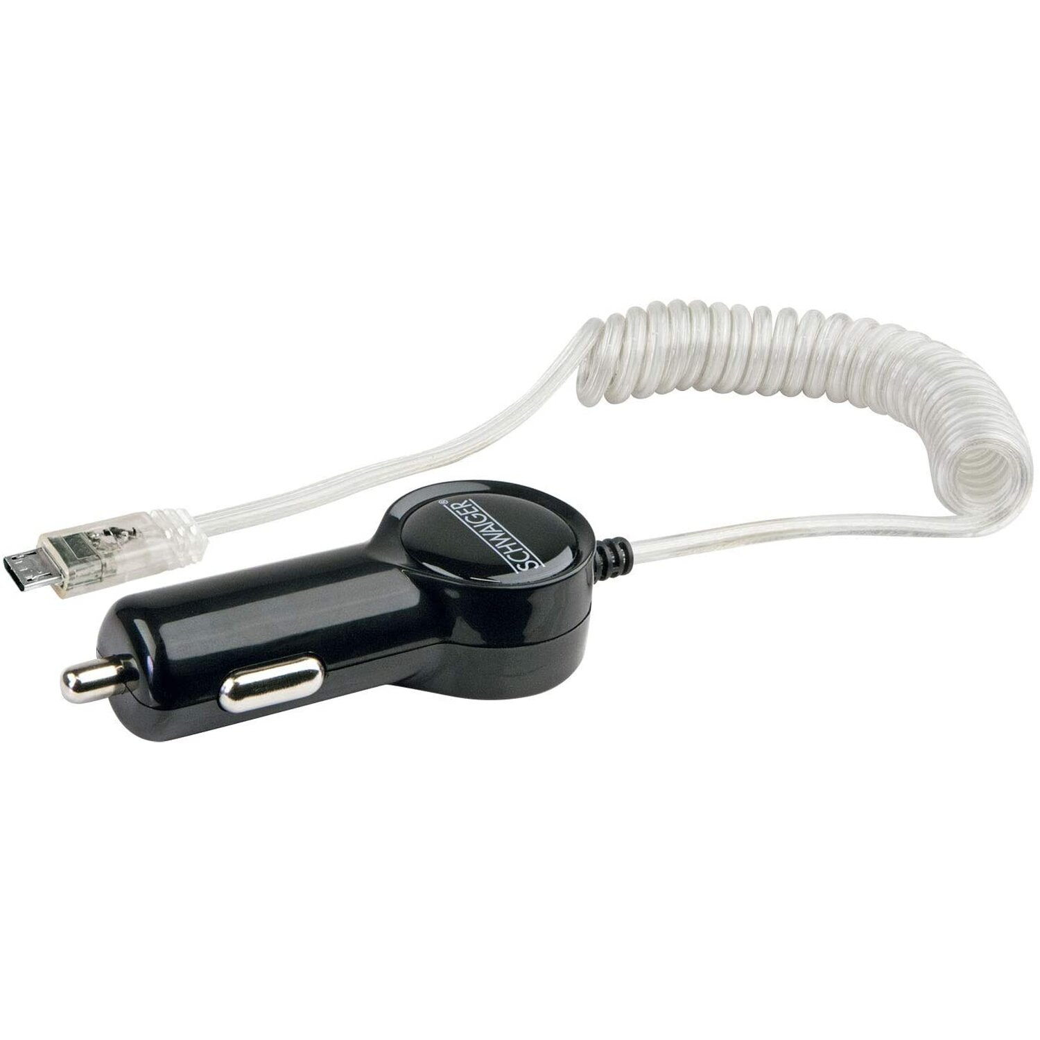 Schwarzes Autoladegerät mit gewendeltem weißen Kabel und Micro-USB-Anschluss.