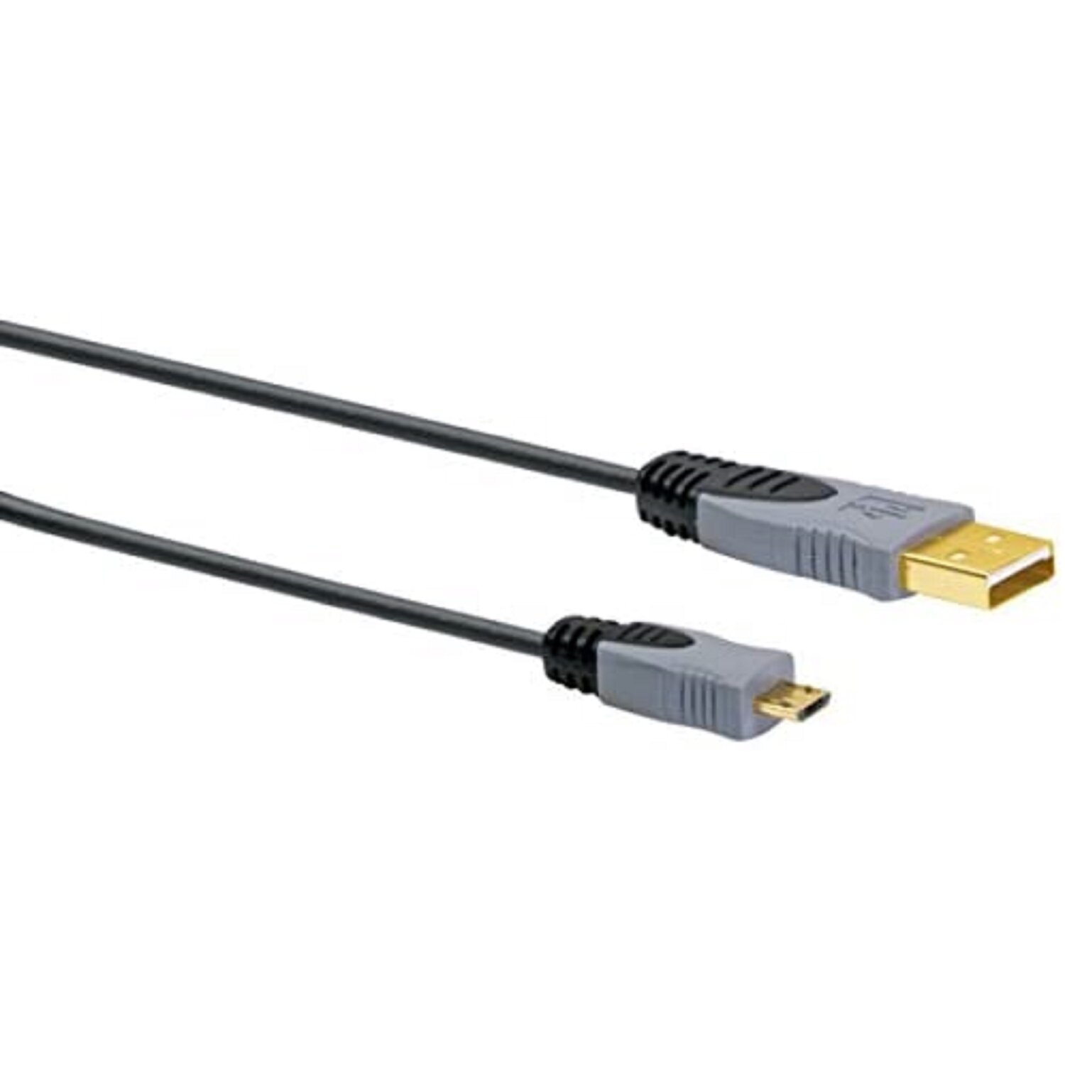 Cavo USB a Micro-USB nero. Connettori grigi con dettagli neri.