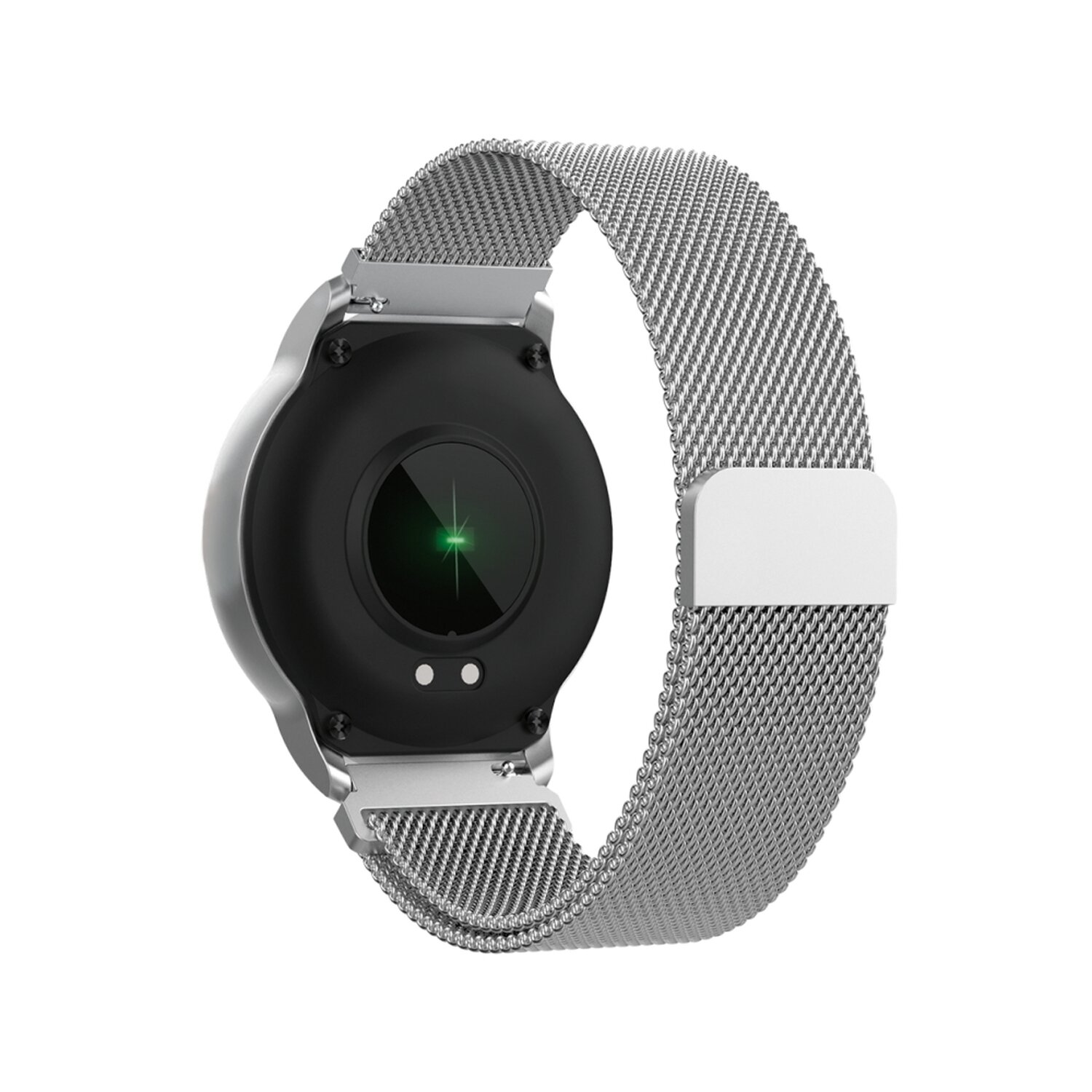 Silberne Smartwatch mit silbernem Mesh-Armband. Die Rückseite hat einen grünen Sensor.