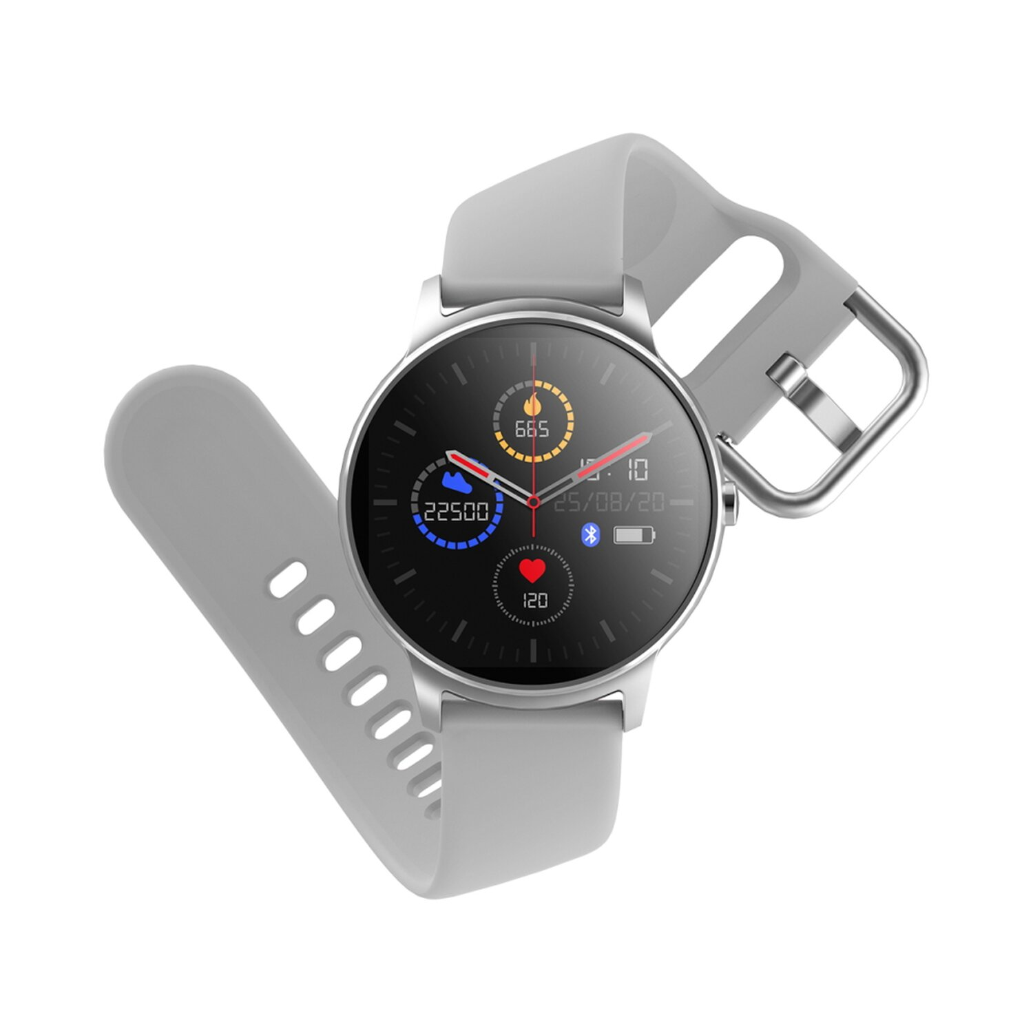 Smartwatch mit grauem Armband, schwarzem Bildschirm und Metallrahmen.