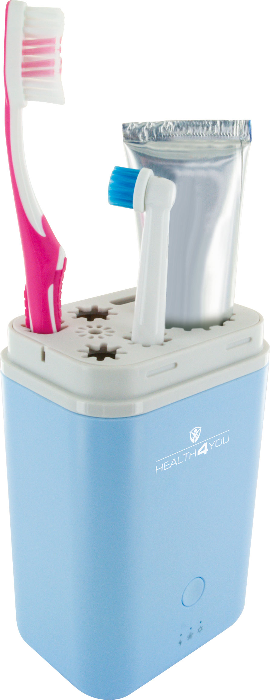 Blauer Zahnbürstenhalter mit einer rosa und weißen Zahnbürste, und einer blauen Zahnbürste.