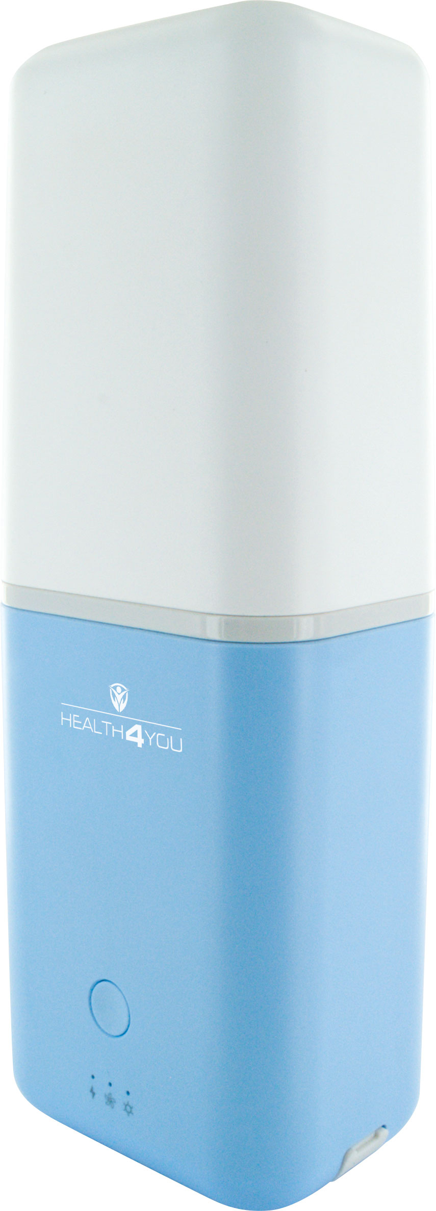Ein weißer und hellblauer zylindrischer Luftreiniger mit dem Markennamen HEALTH4YOU.