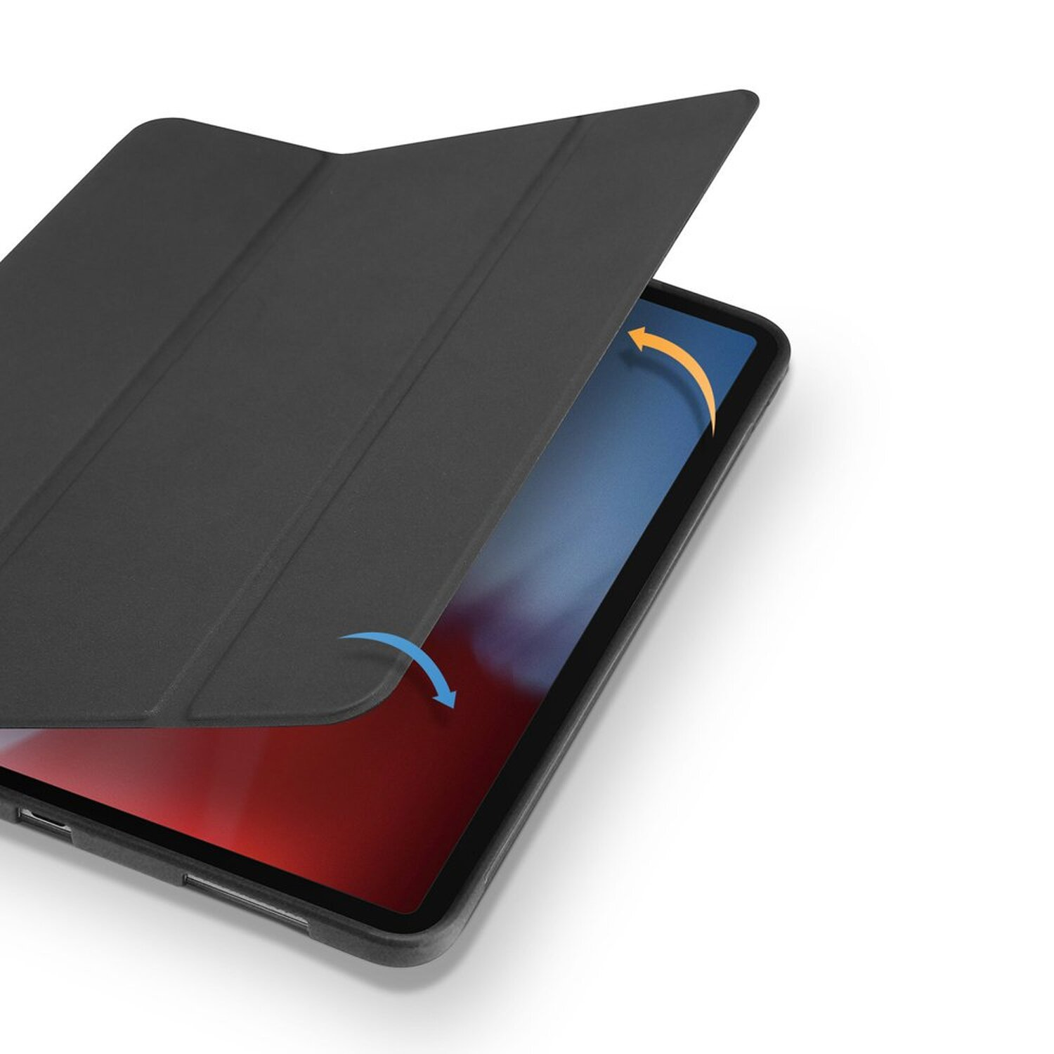 Eine schwarze iPad-Hülle ist geöffnet und zeigt einen iPad-Bildschirm. Die Hülle liegt auf weißem Untergrund.