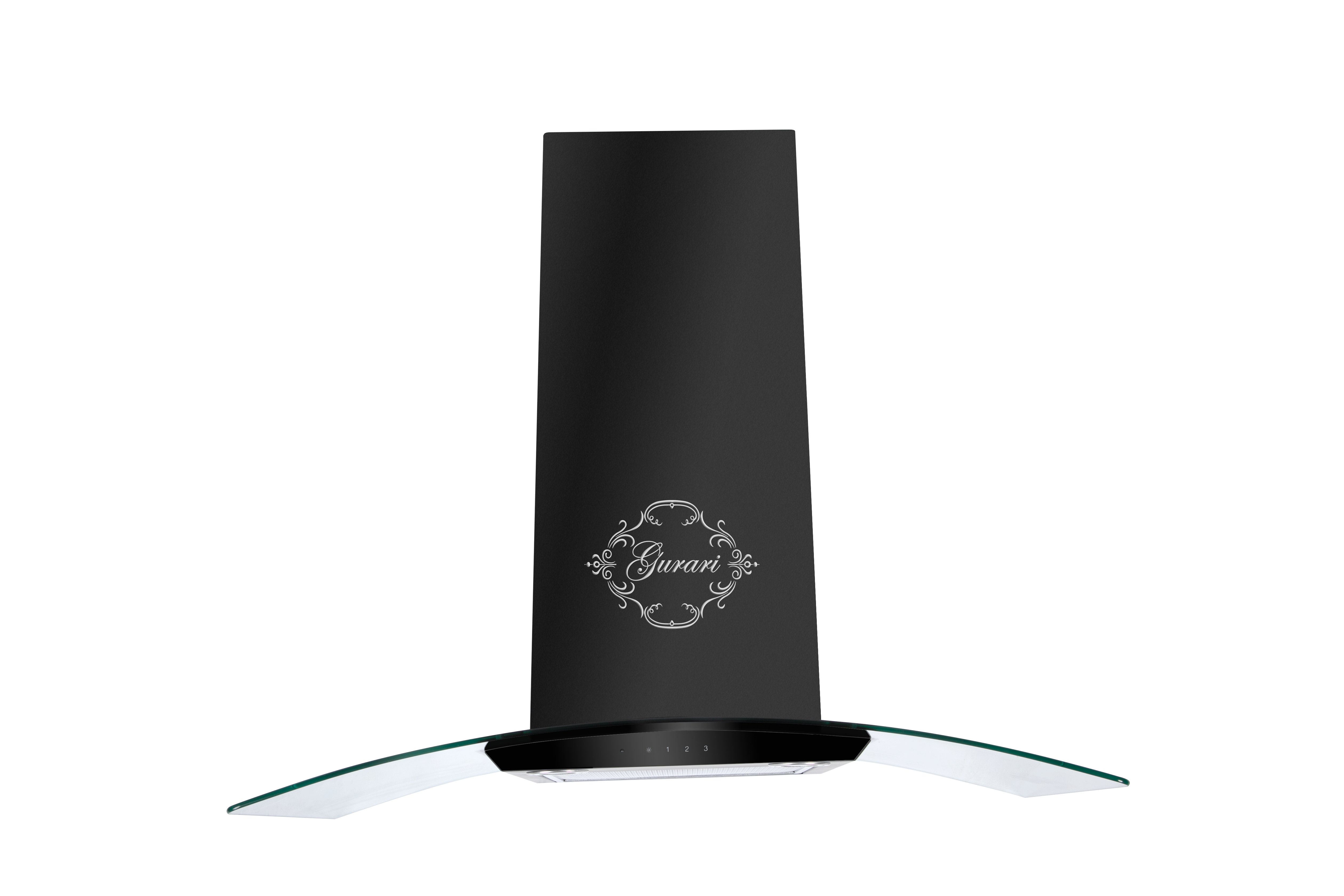 Schwarze Dunstabzugshaube mit gebogener Glasfront und silbernem Logo. Weißer Hintergrund.