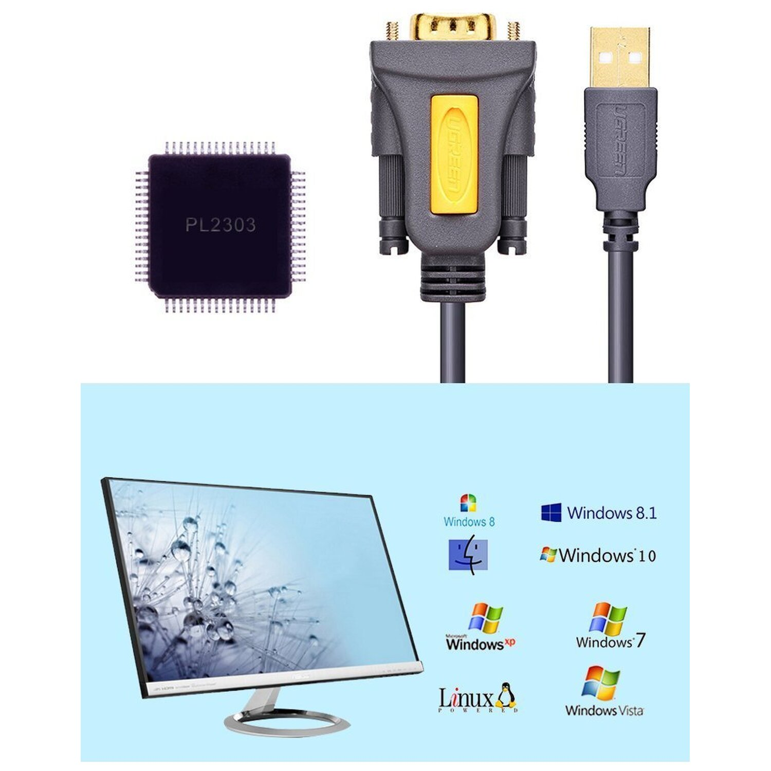 Elektronische Komponenten: Chip, USB- und VGA-Kabel und Monitor.