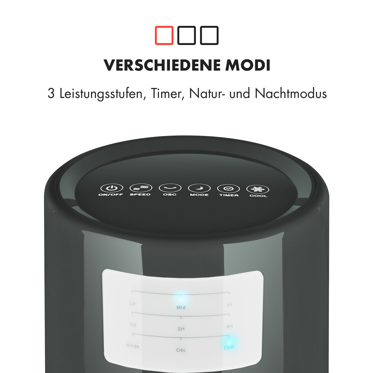 Nahaufnahme eines schwarzen Ventilators mit Bedienknöpfen, mit deutschem Text, der Modi und Einstellungen anzeigt.