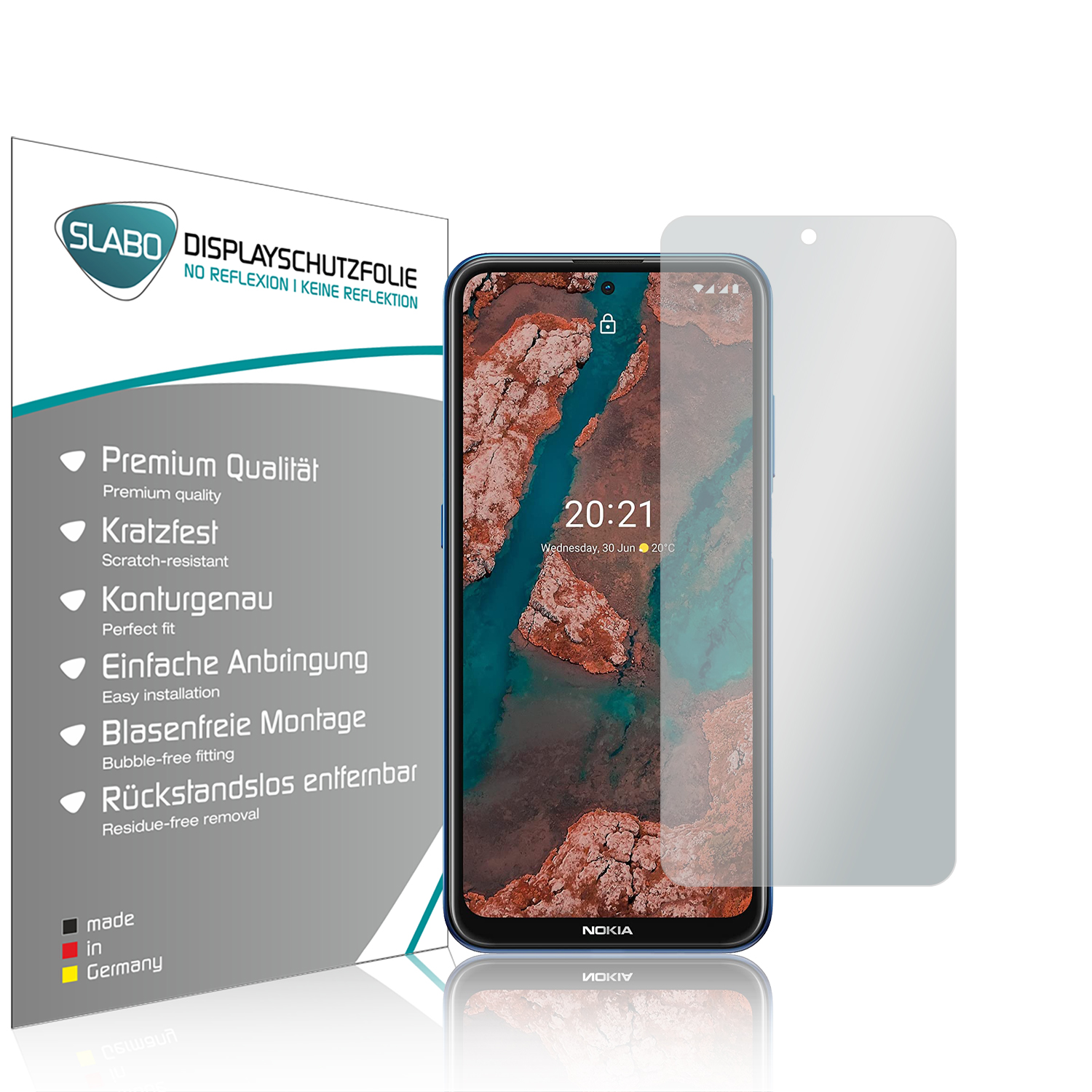 Ein Telefon neben einer Displayschutzfolienverpackung. Das Telefon zeigt einen Startbildschirm.