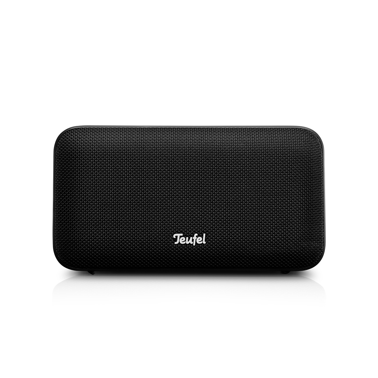 Haut-parleur noir avec le logo Teufel. Forme rectangulaire avec une façade en mesh.