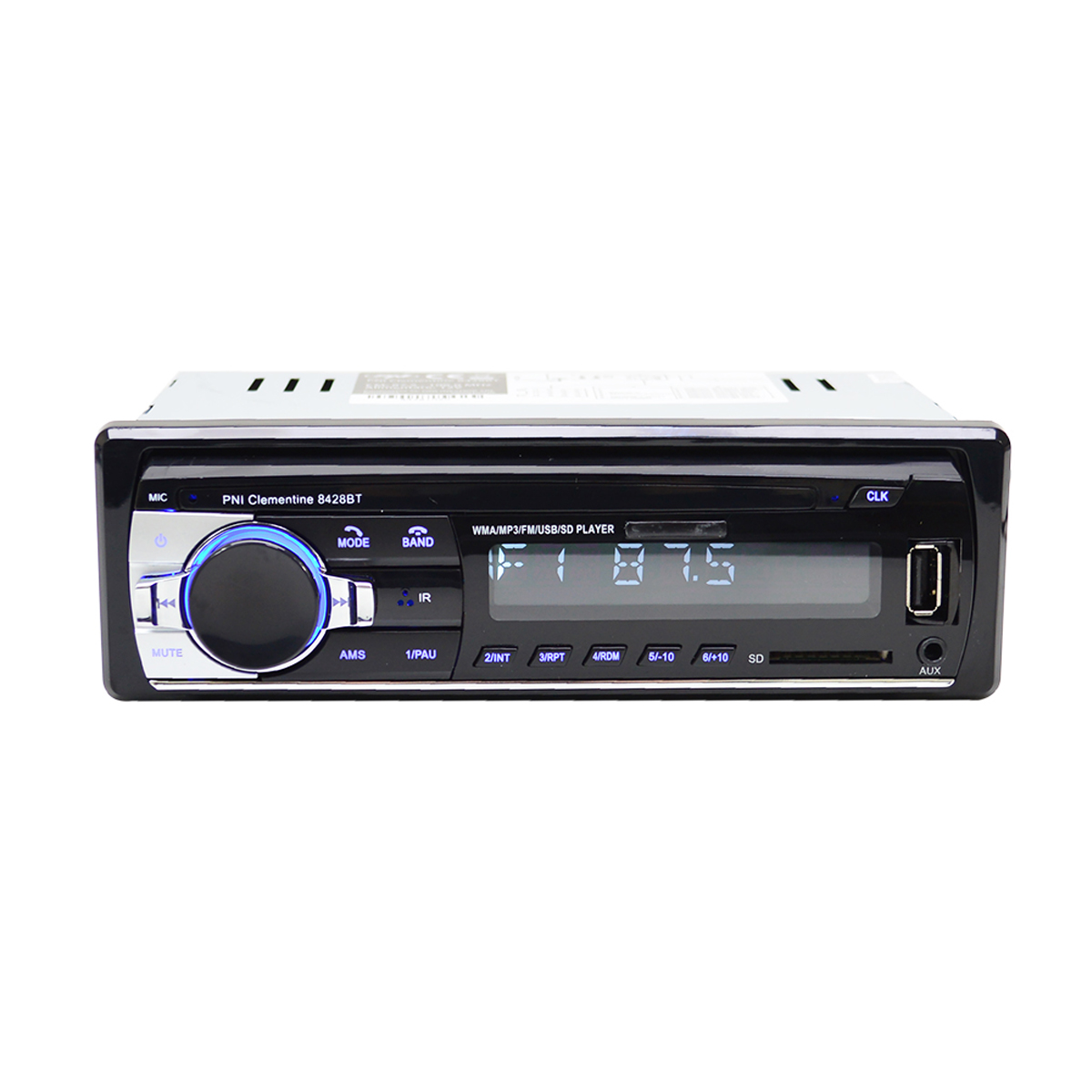 Autoradio mit Display, das Zahlen anzeigt. Tasten für Band, Modus und andere Funktionen.