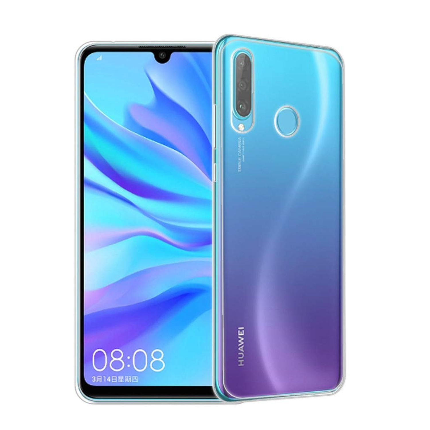Blau-lila-Verlaufs-Handy mit durchsichtiger Hülle. Das Handy hat drei Kameras.