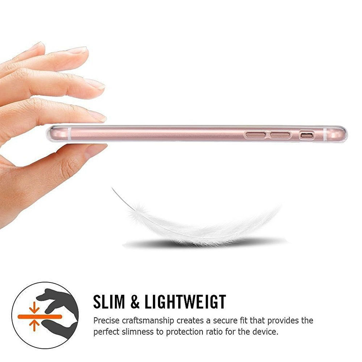 Eine klare Handyhülle, die von einer Hand gehalten wird. Darunter liegt eine Feder, der Text lautet "SLIM & LIGHTWEIGT".