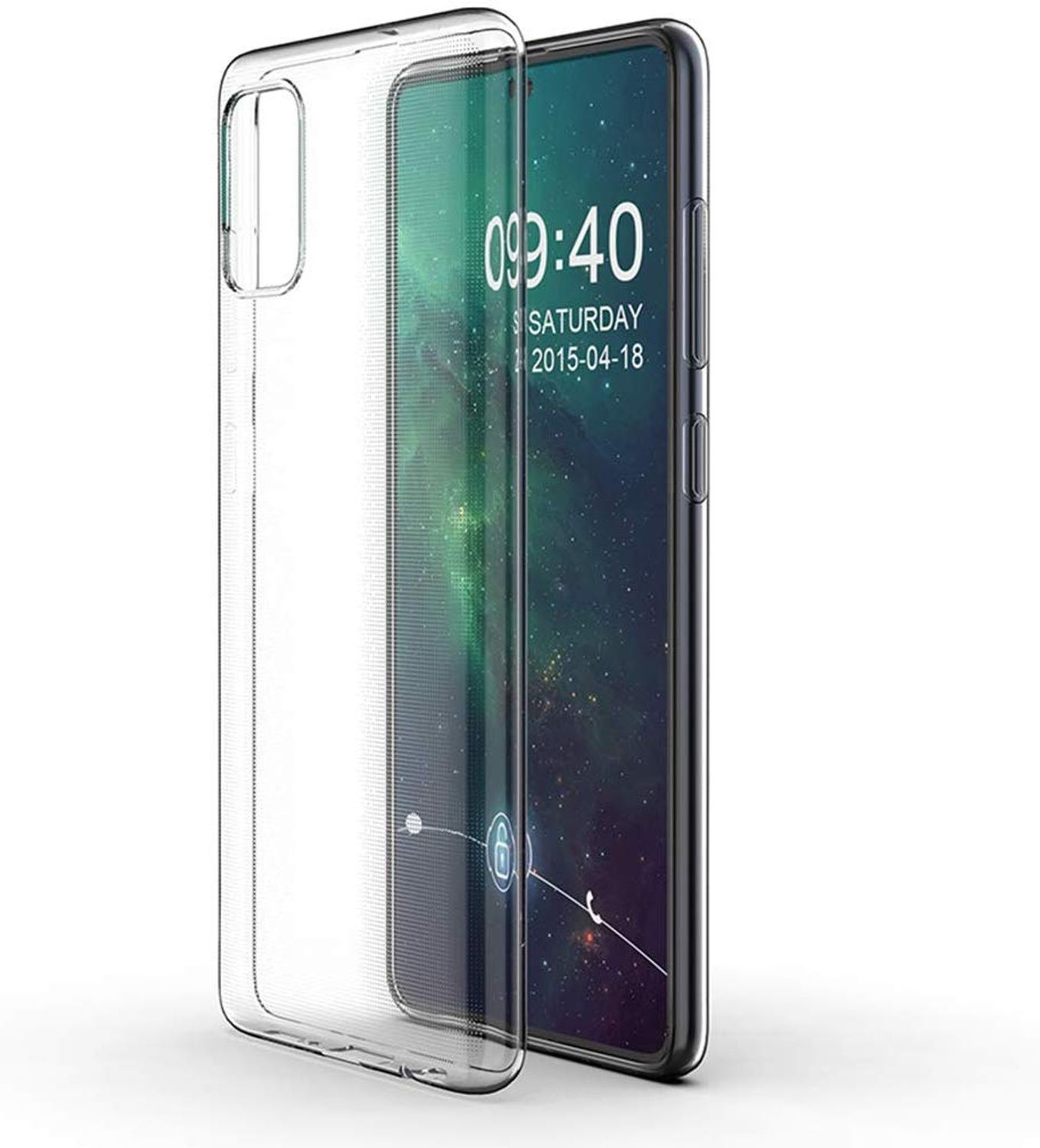 Eine transparente Handyhülle mit einem Telefon, das Uhrzeit und Datum anzeigt.