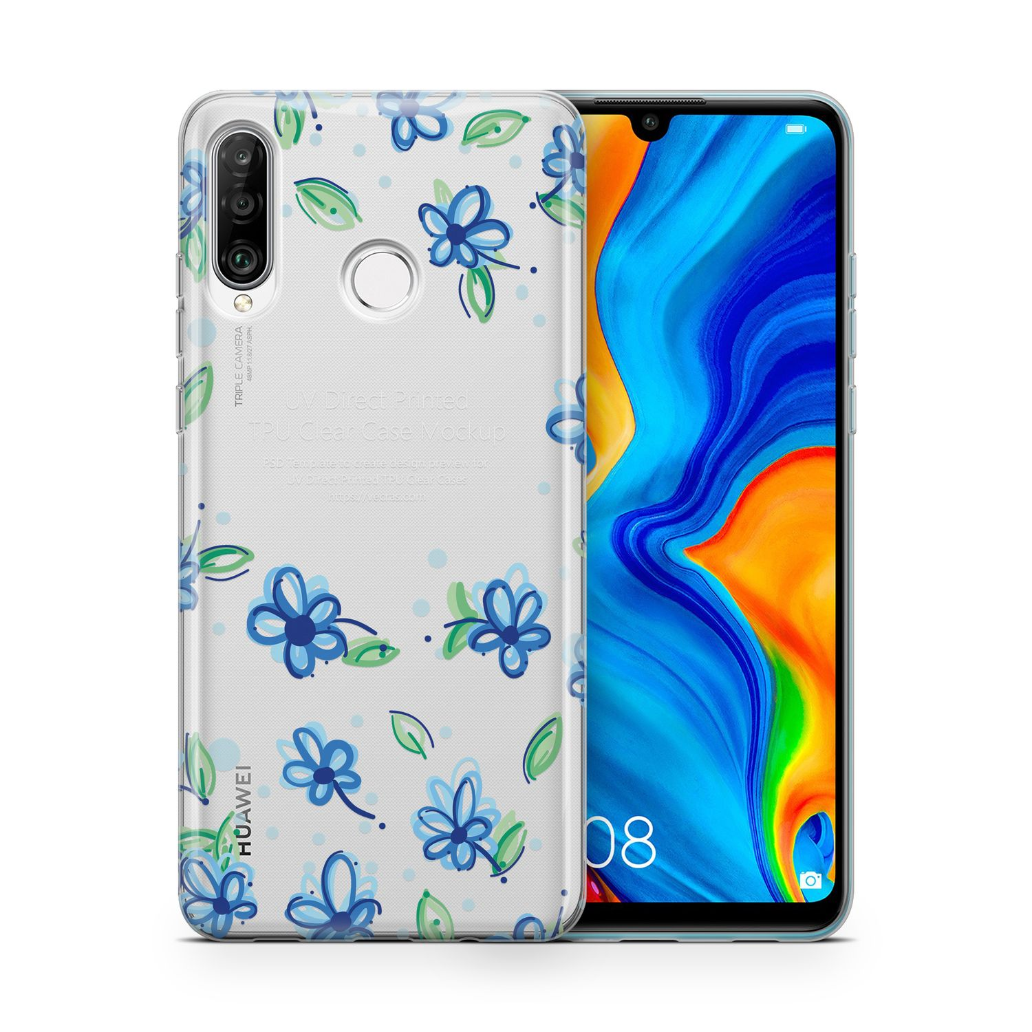 Handyhülle mit blauem Blumenmuster. Der Hintergrund zeigt ein Telefon mit farbenfrohem Bildschirm.