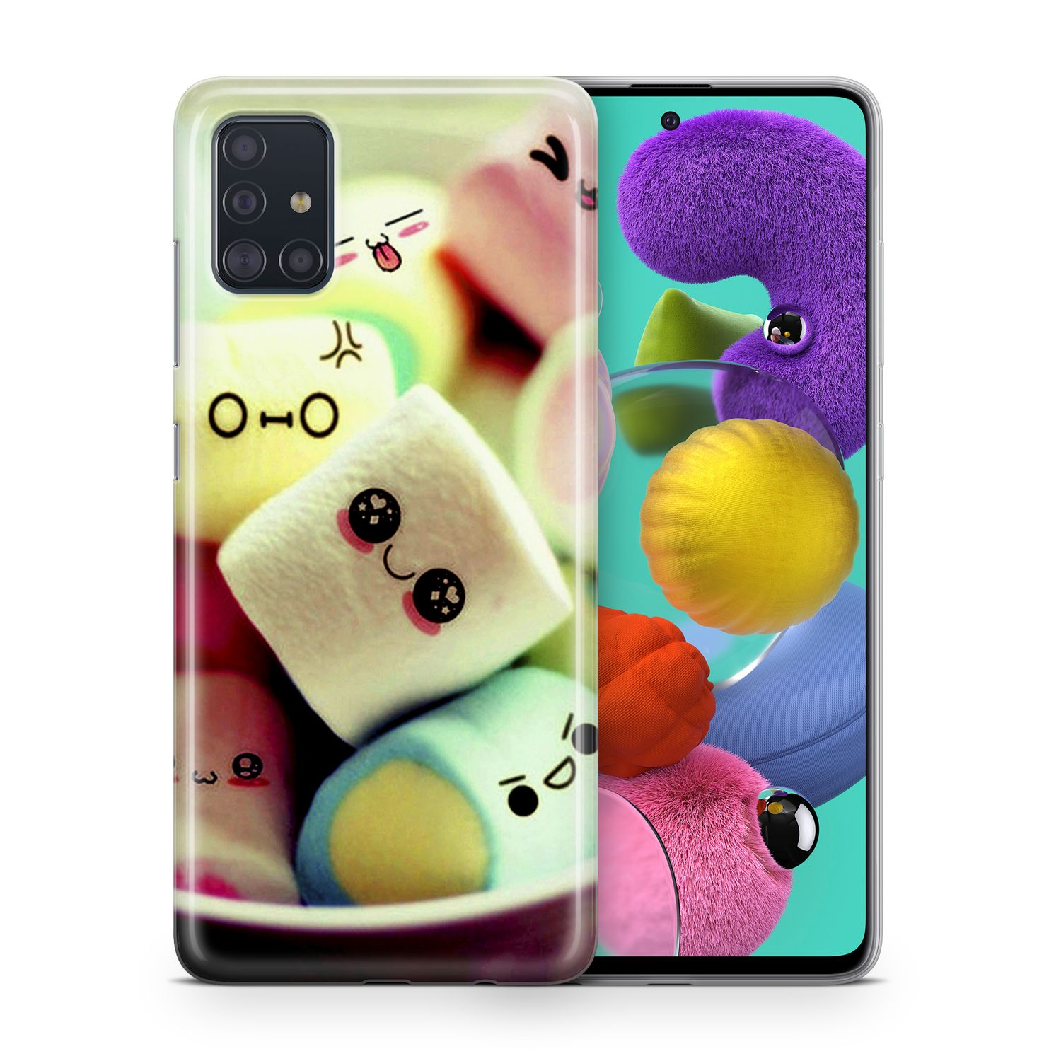 Ein Telefon in einer Hülle mit bunten Marshmallows. Der Telefonbildschirm ist an.