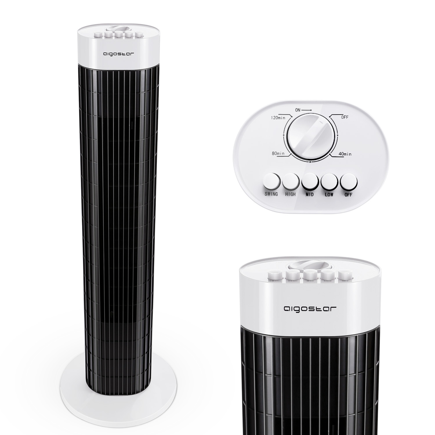Schwarz-weißer Turmventilator mit Bedienelementen, Details des Gehäuses und der Oberseite.