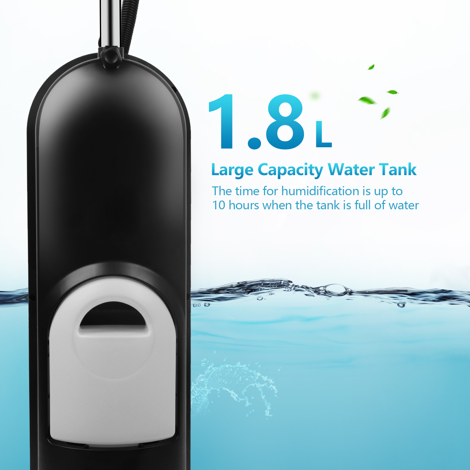Un umidificatore nero con dettagli bianchi, con testo 1,8L. L'acqua è sullo sfondo.