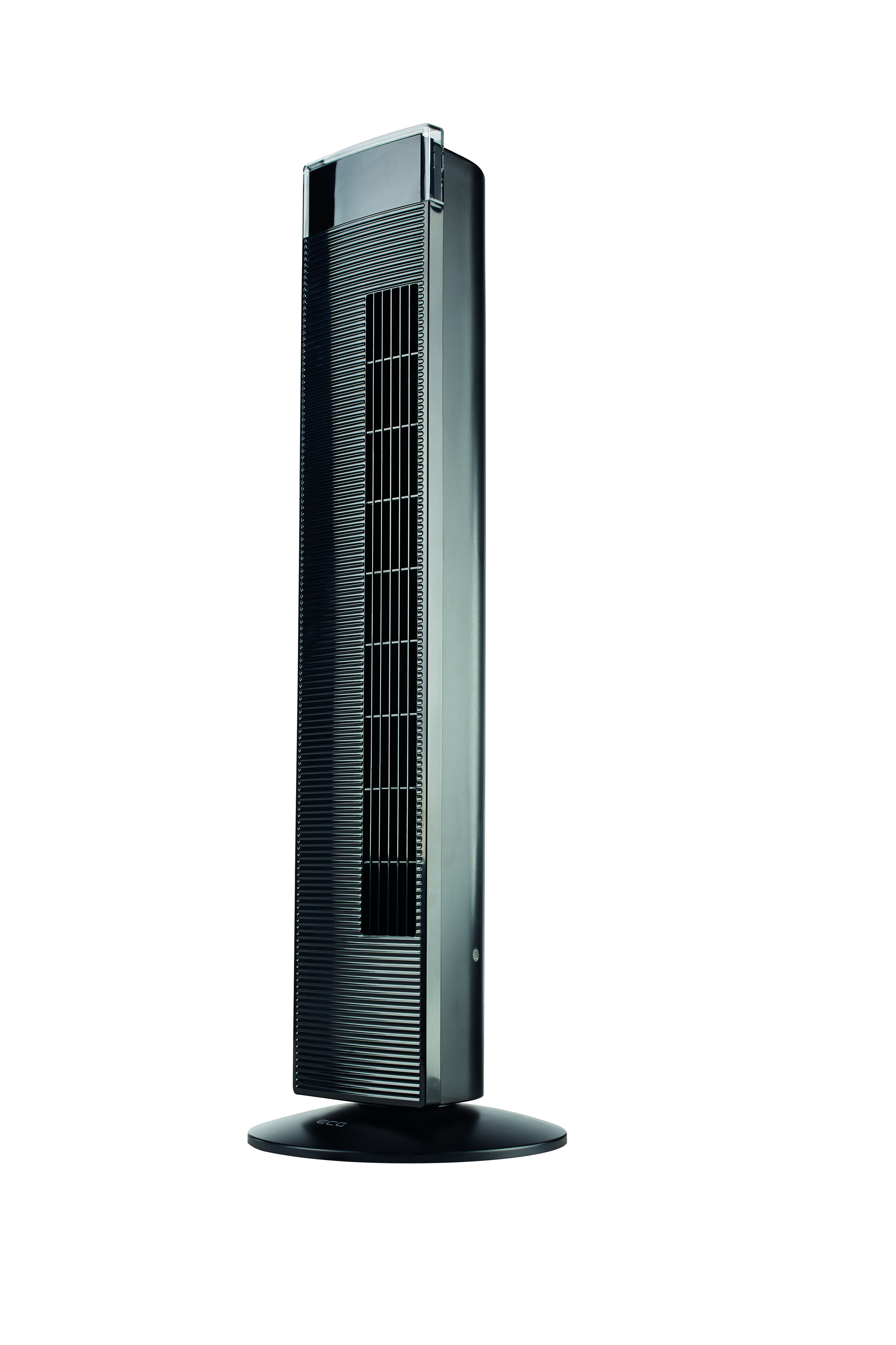 Wysoki, czarny i srebrny wentylator na czarnej podstawie. Wentylator jest na białym tle.