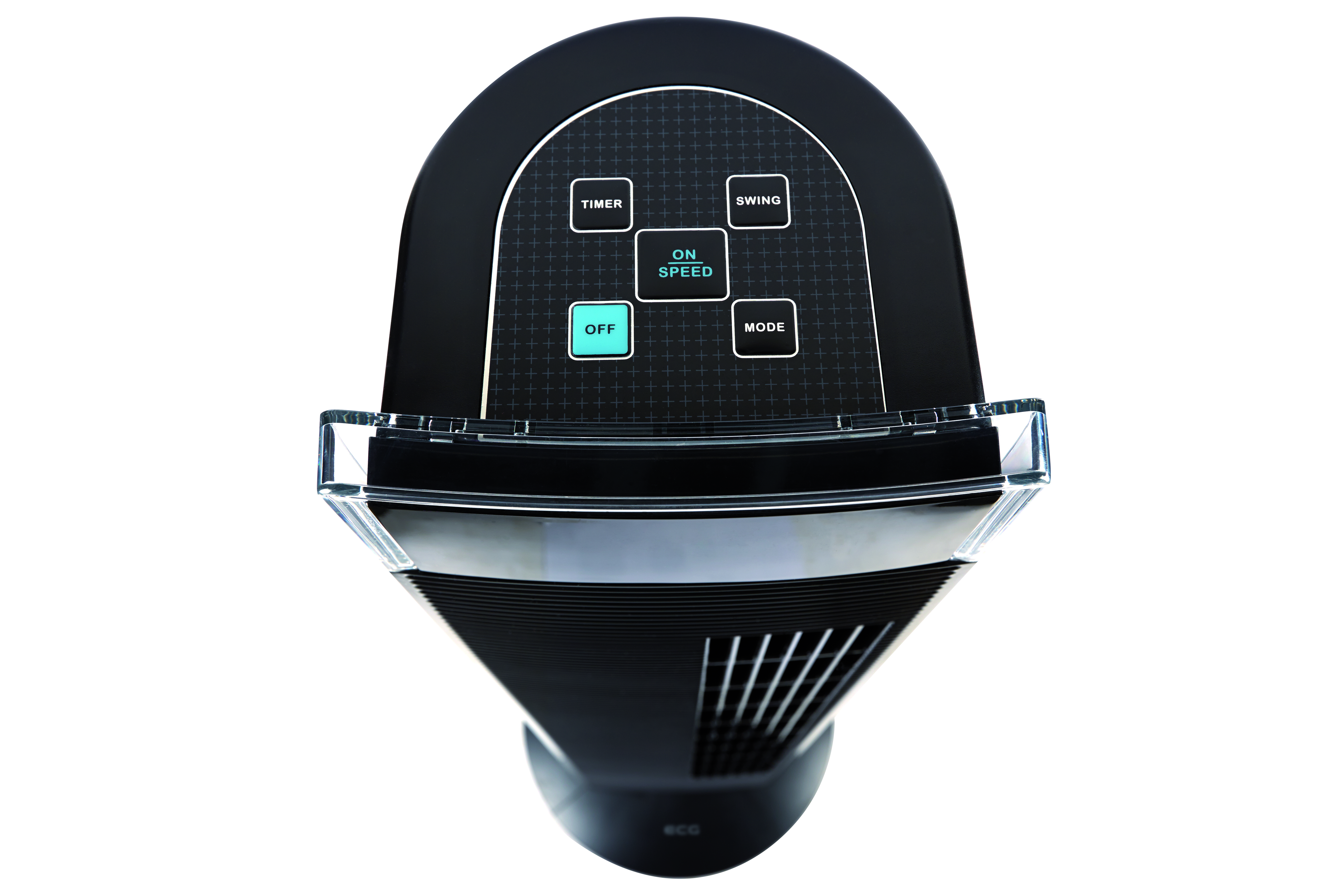 Widok z góry na czarny panel sterowania wentylatorem z przyciskami do timera, prędkości, trybu, włączania/wyłączania i oscylacji.