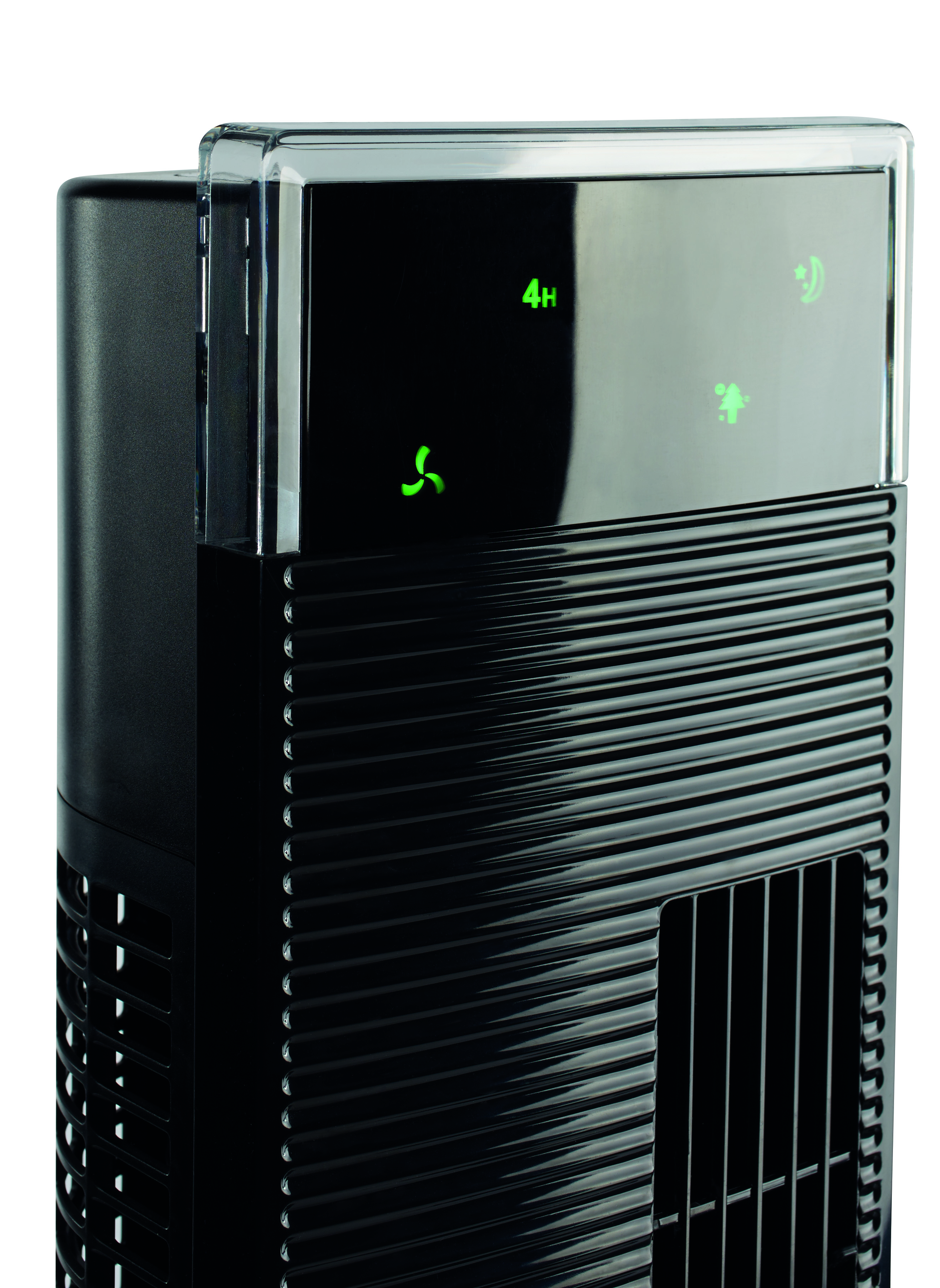 Czarny oczyszczacz powietrza z panelem sterowania pokazującym ustawienia wentylatora i timera.