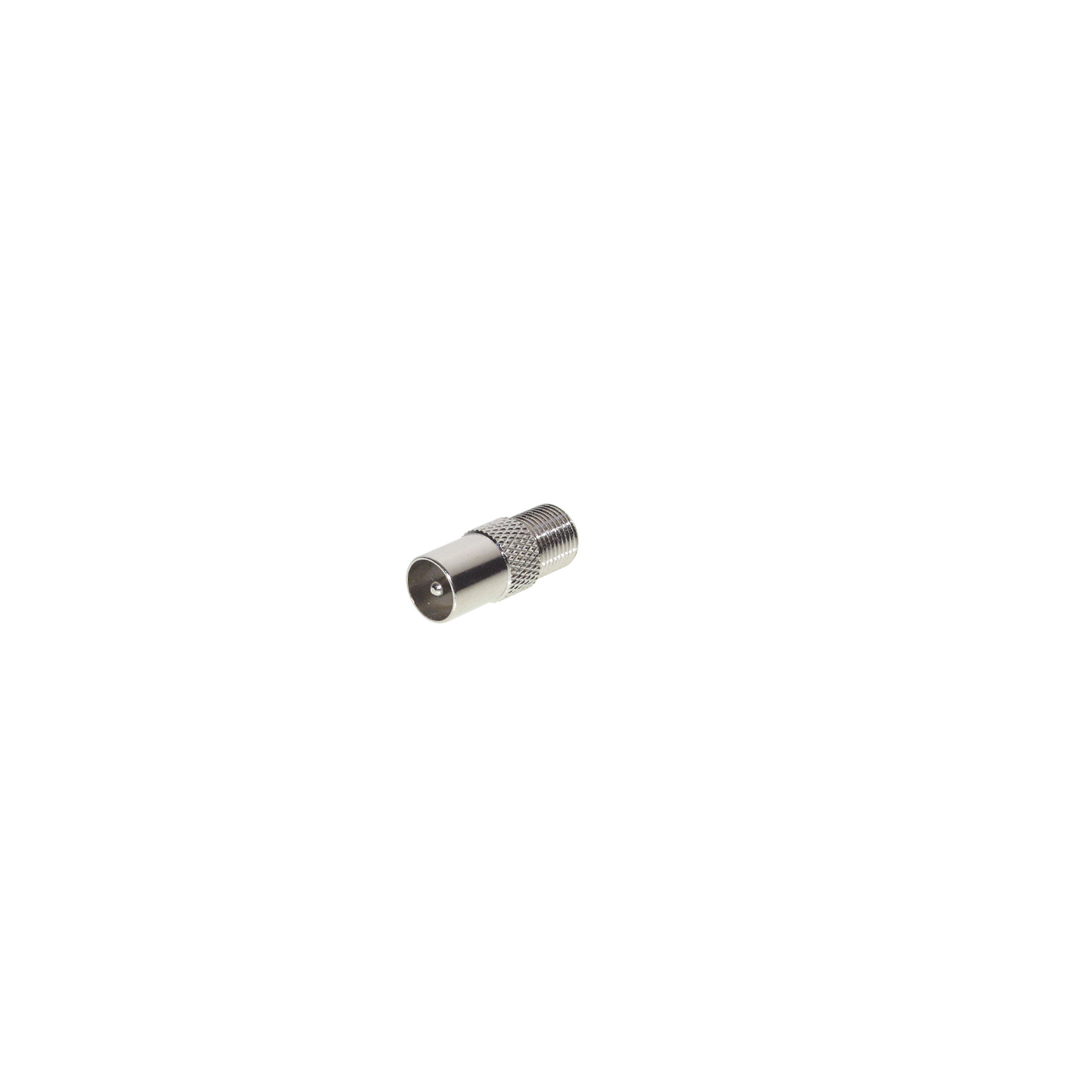 Ein silberner F-Stecker auf weißem Untergrund. Er hat eine zylindrische Form mit Gewinde.