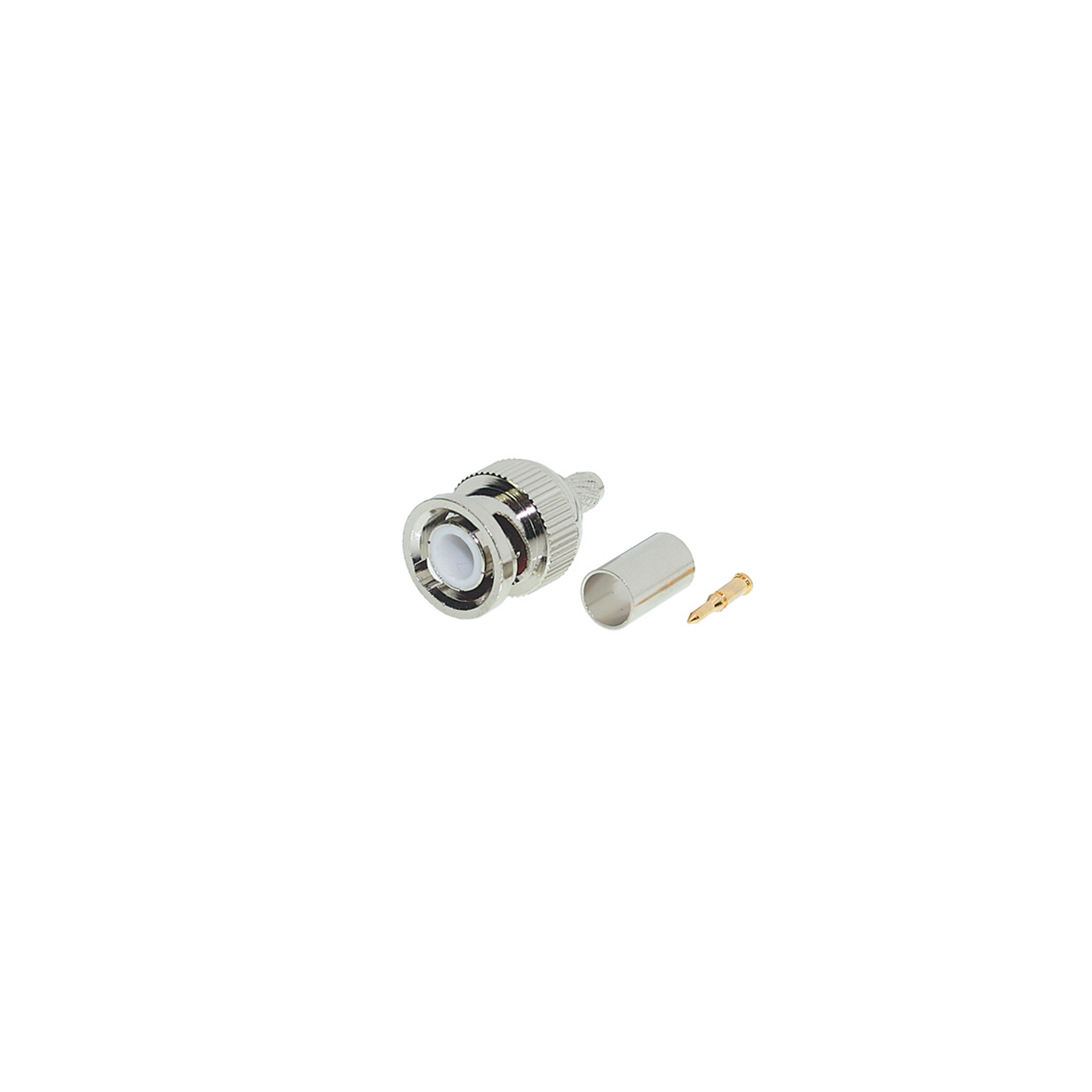 Metall-BNC-Stecker mit Goldstift und silbernem Zylinder. Der Hintergrund ist weiß.