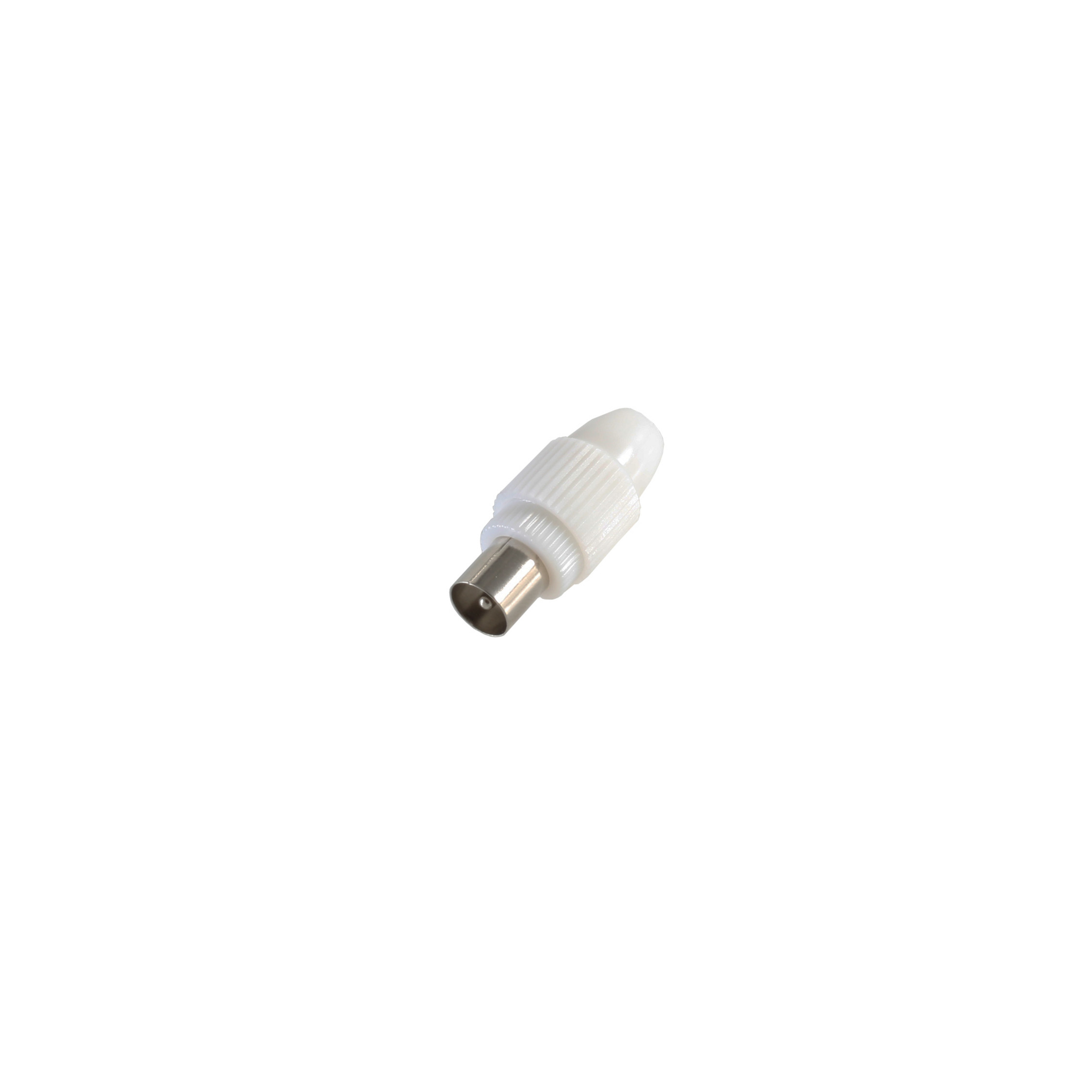 Weißer Koaxialkabelstecker, isoliert auf weißem Hintergrund.
