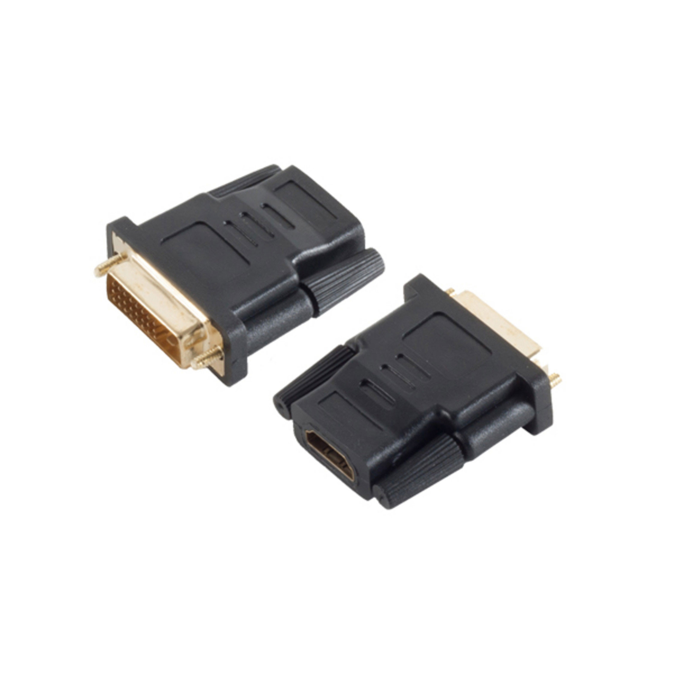 Zwei schwarze DVI-zu-HDMI-Adapter. Einer hat Stifte, der andere einen HDMI-Anschluss.