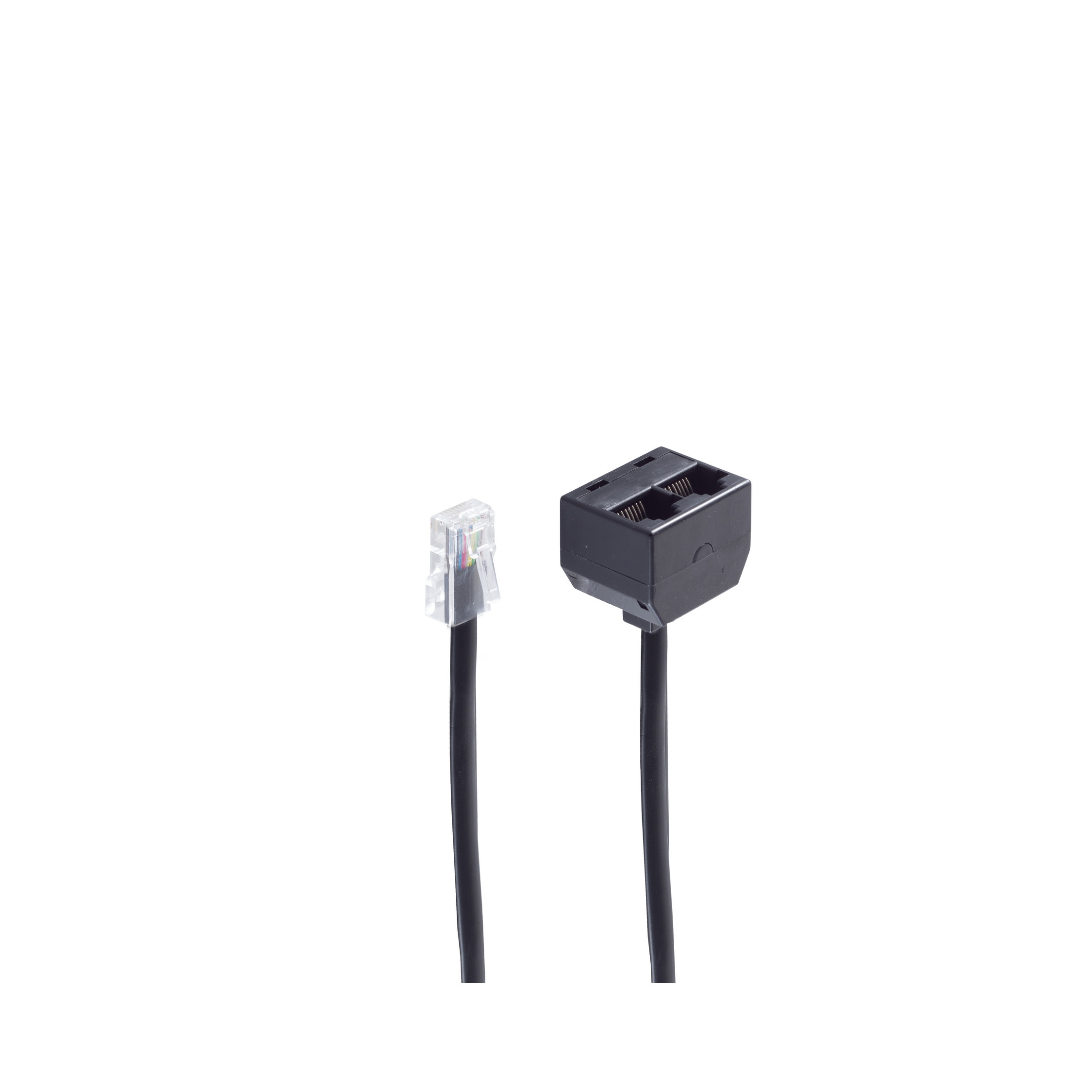 Schwarzes Kabel mit zwei Anschlüssen, einer für ein Telefon und der andere für eine Wandbuchse.