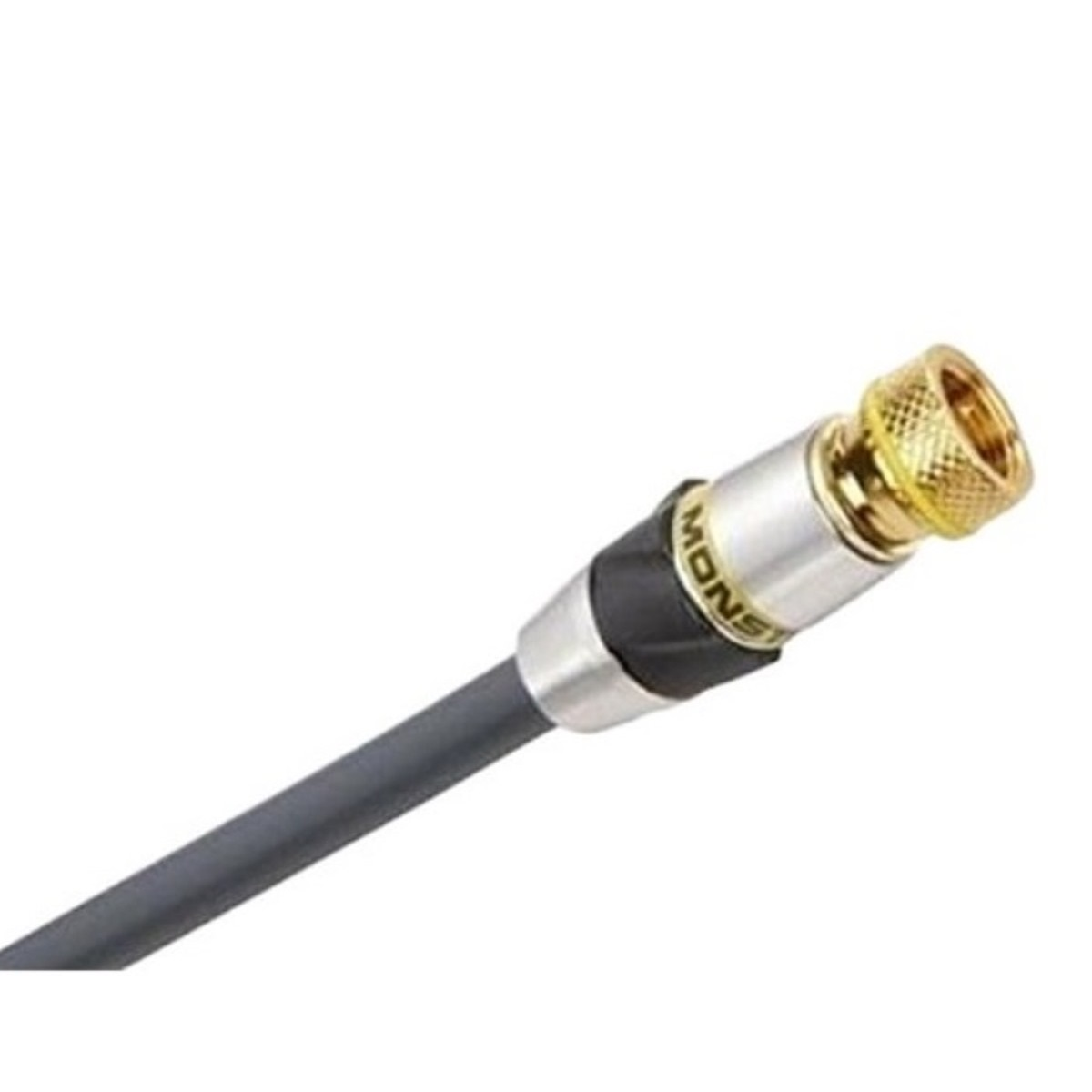 Ein graues Koaxialkabel mit einem goldenen Stecker, vor weißem Hintergrund aufgenommen.