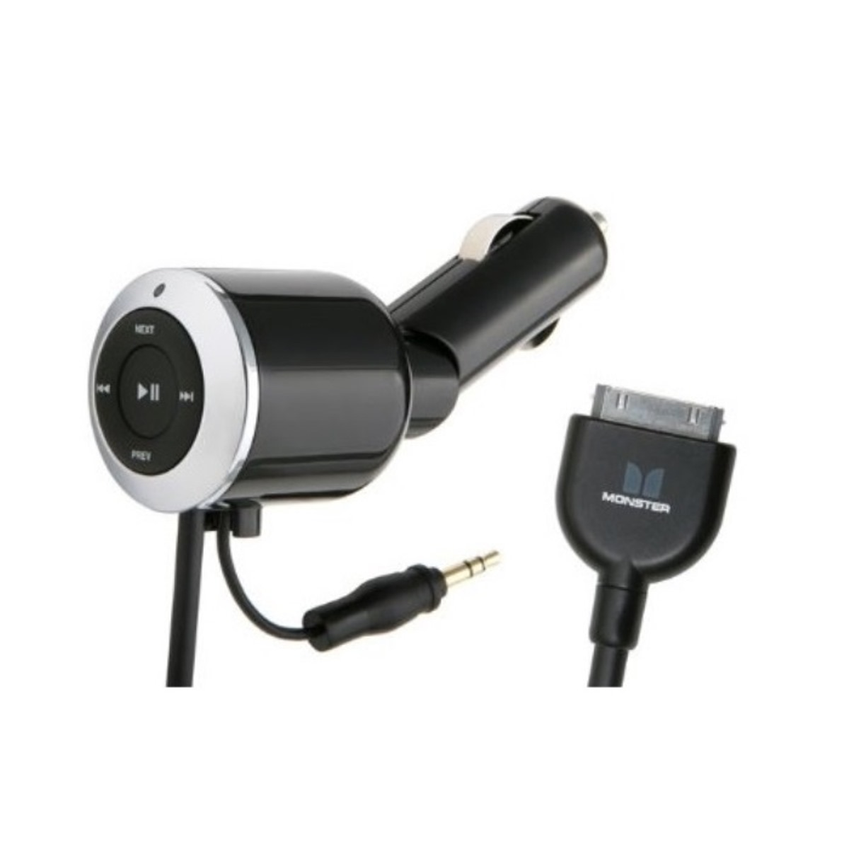 Ein schwarzes Gerät mit Knöpfen und einem Stecker, verbunden mit einem Kabel mit einem anderen Stecker.