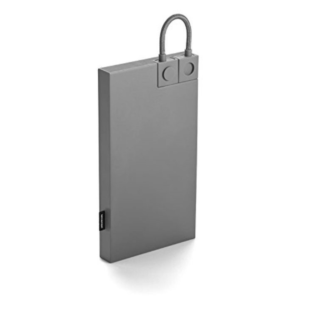 Graue Powerbank mit U-förmigem Griff. Rechteckiges, flaches Gerät.