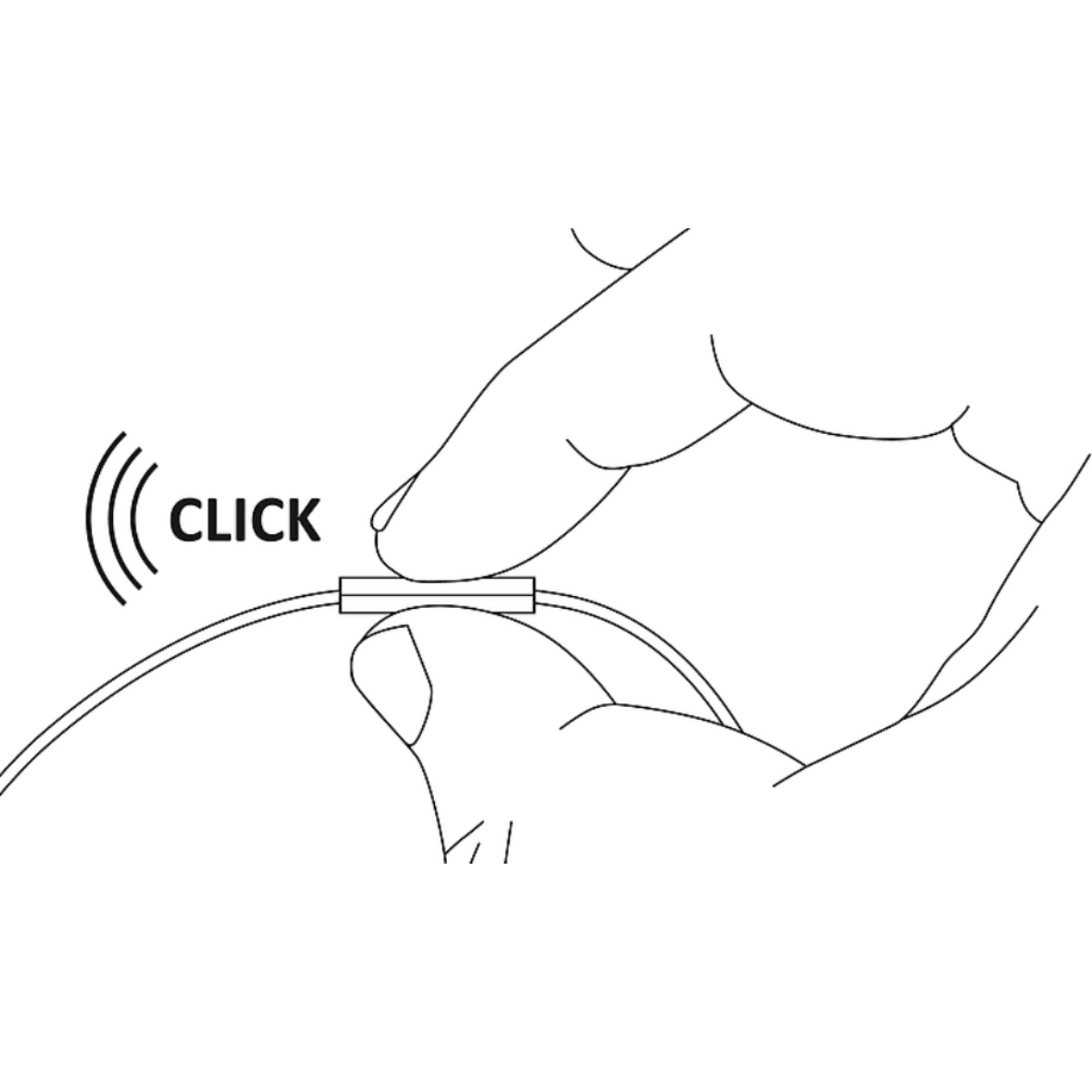Hände berühren ein Telefonkabel mit dem Wort 'CLICK' und Schallwellensymbolen.