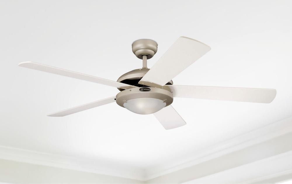 Deckenventilator mit fünf weißen Blättern und einer zentralen Leuchte, vor weißer Decke.