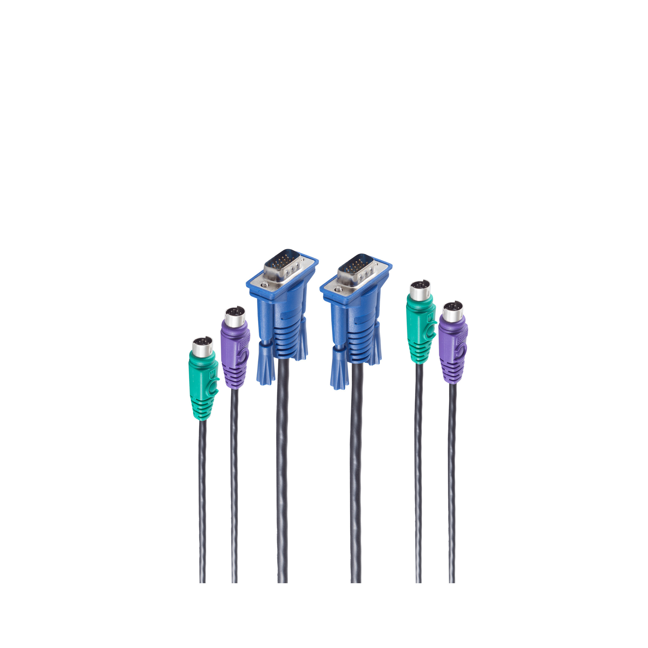 Zwei Sätze Computerkabel mit blauen und grünen Steckern vor weißem Hintergrund.